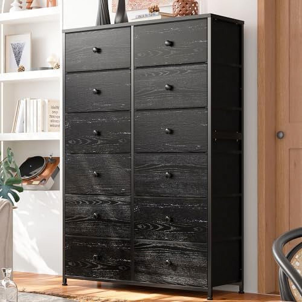 12 Drawer Dresser  Tall Dressers for Bedroom with Wooden Top and Metal Frame  Black Dresser & Chest of Drawers for Bedroom  Closet Living Room  Black Grey  11.9" D x 34.8" W x
