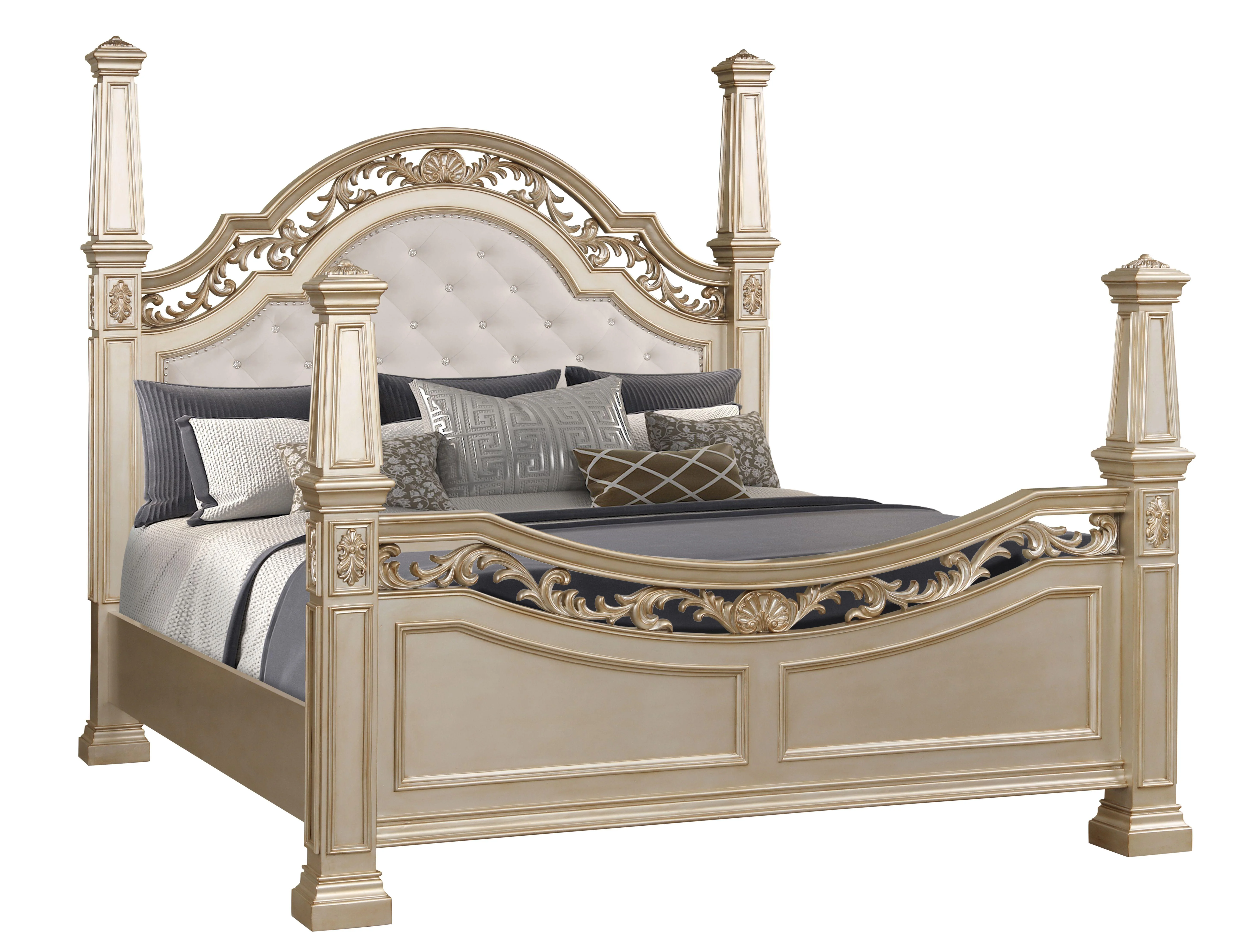Gold Finish King Poster Bedroom Set 6Pcs Traditional Cosmos Furniture Valentina