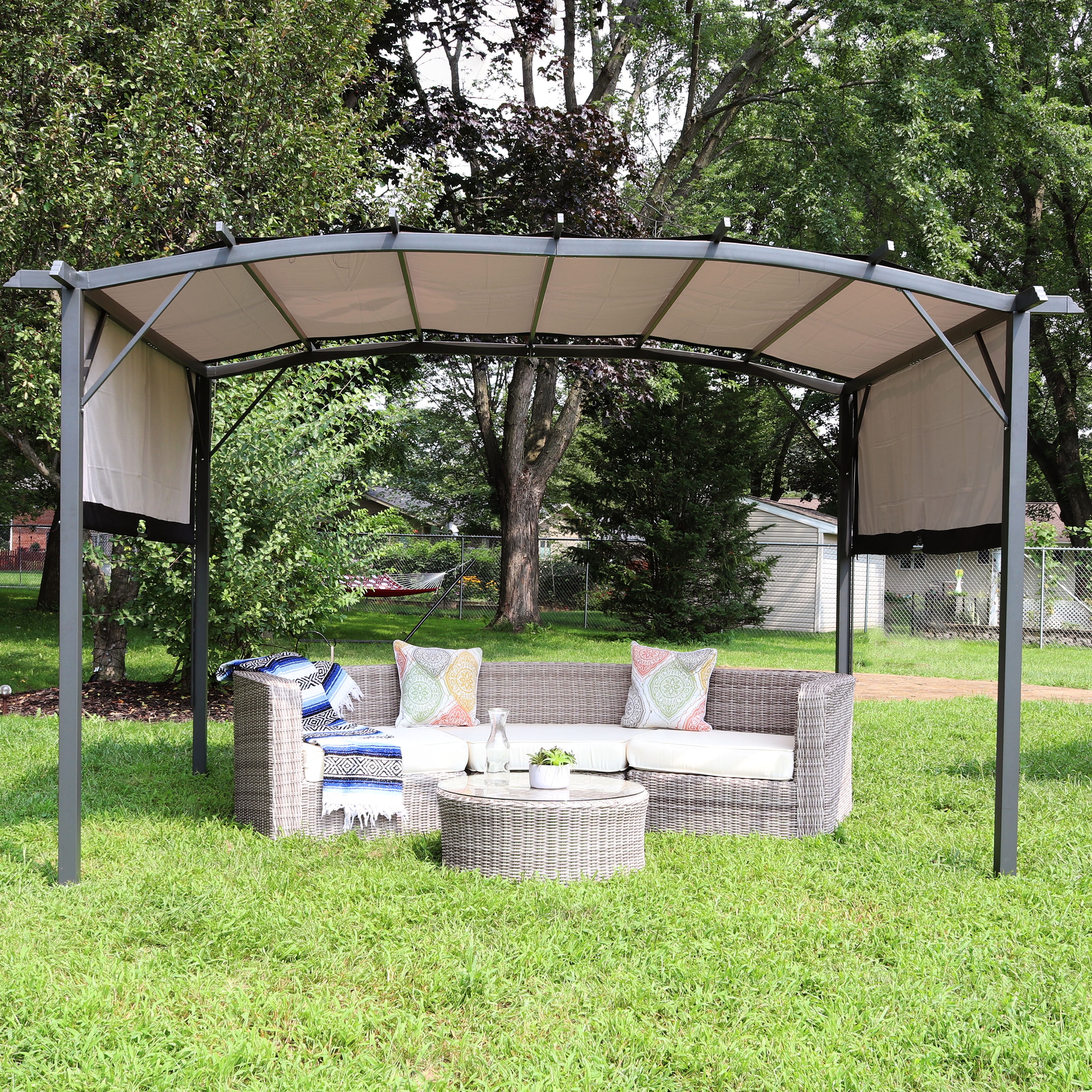 Sunnydaze 9' x12' Metal Arched Pergola with Retractable Canopy - Gray