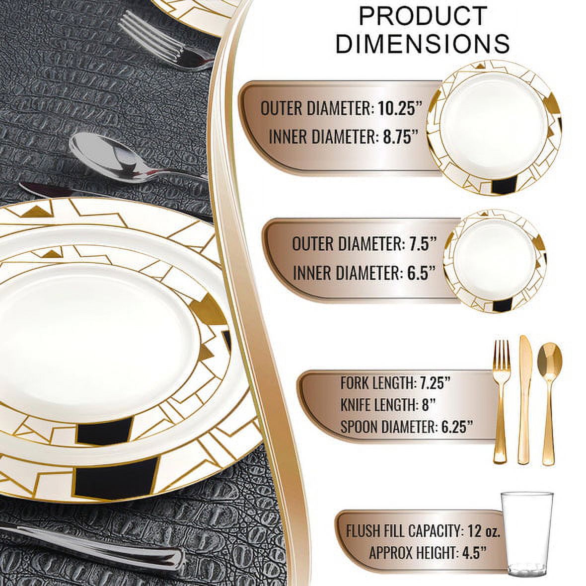 Samrty White with Black and Gold Abstract Squares Pattern Round Disposable Plastic Wedding Value Set, 720 ct