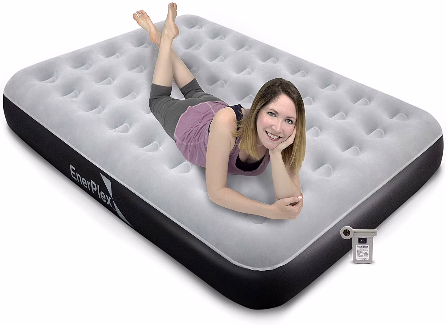 EnerPlex 9in Never-Leak Queen Airbed with High Speed Pump, Queen Size Air Mattress, Grey (Blow Up Bed)