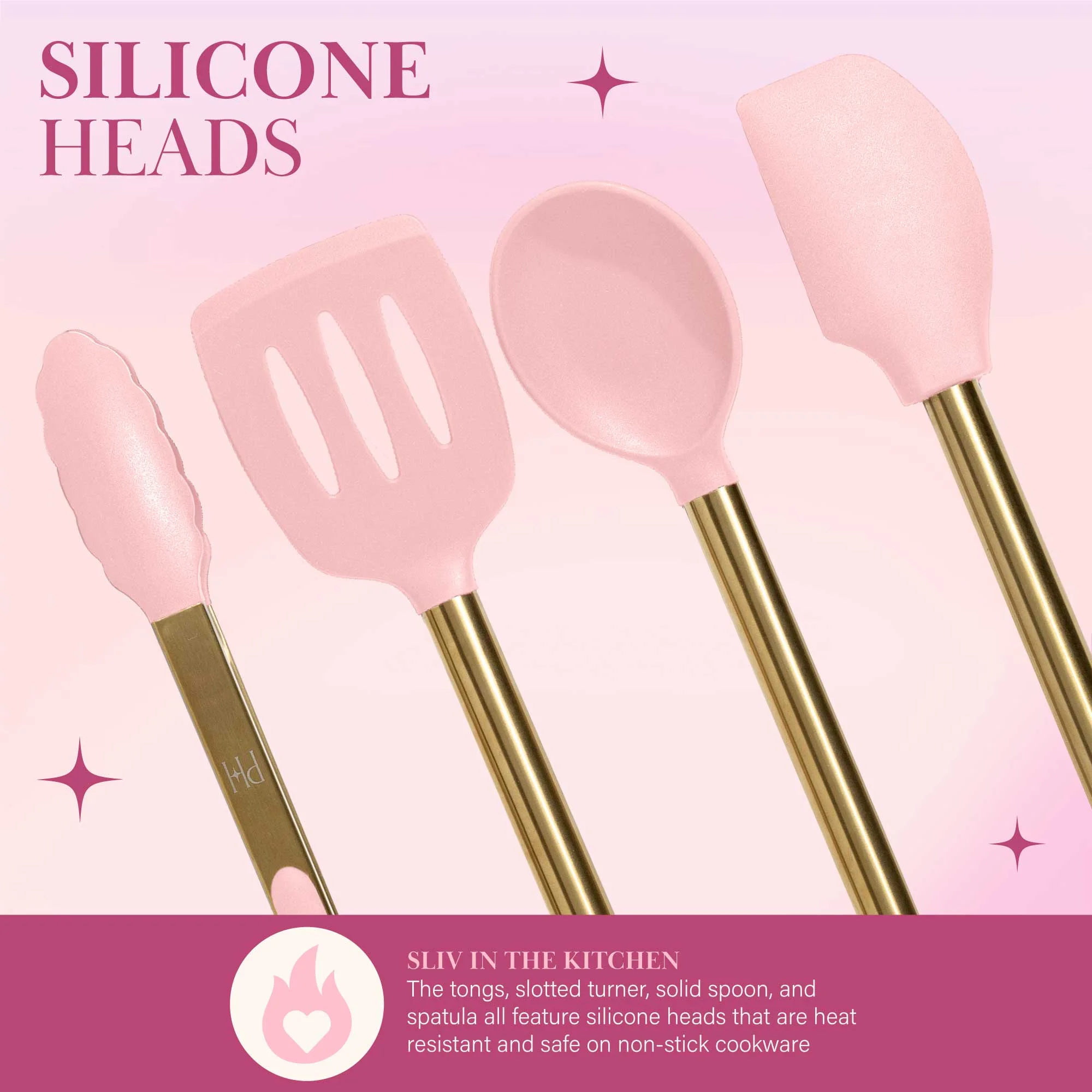 Paris Hilton 7-Piece Cooking Utensils Set, Silicone and Stainless Steel, Pink