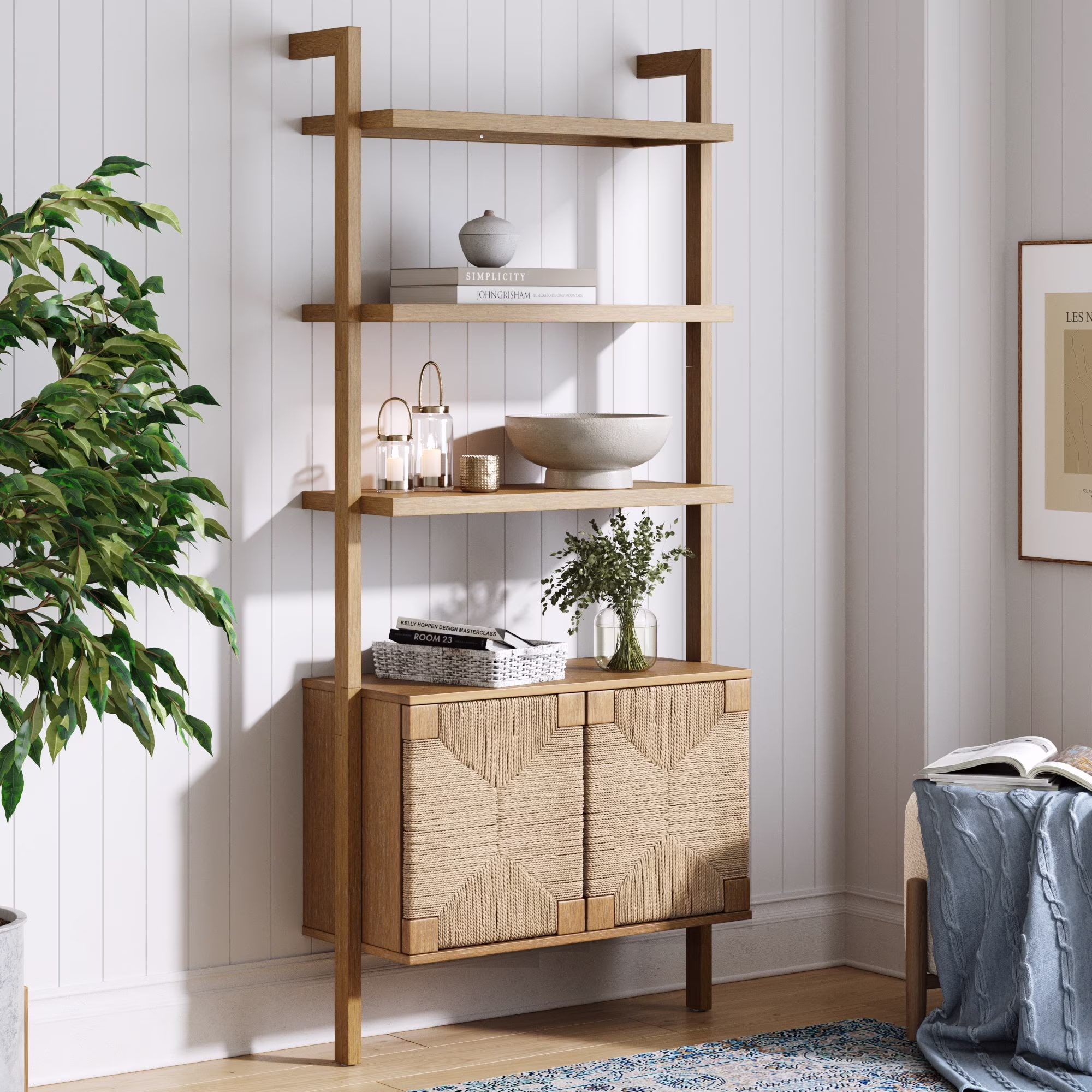 Nathan James Beacon 3-Shelf Solid Wood Bookshelf with Storage Cabinet, Bohemian Wall Mounted Shelf with Seagrass Door Fronts