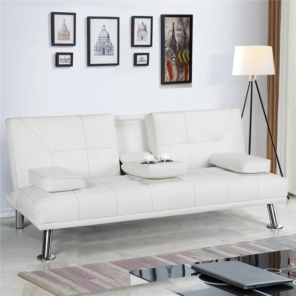 Easyfashion LuxuryGoods Modern Faux Leather Futon with Cupholders and Pillows, White