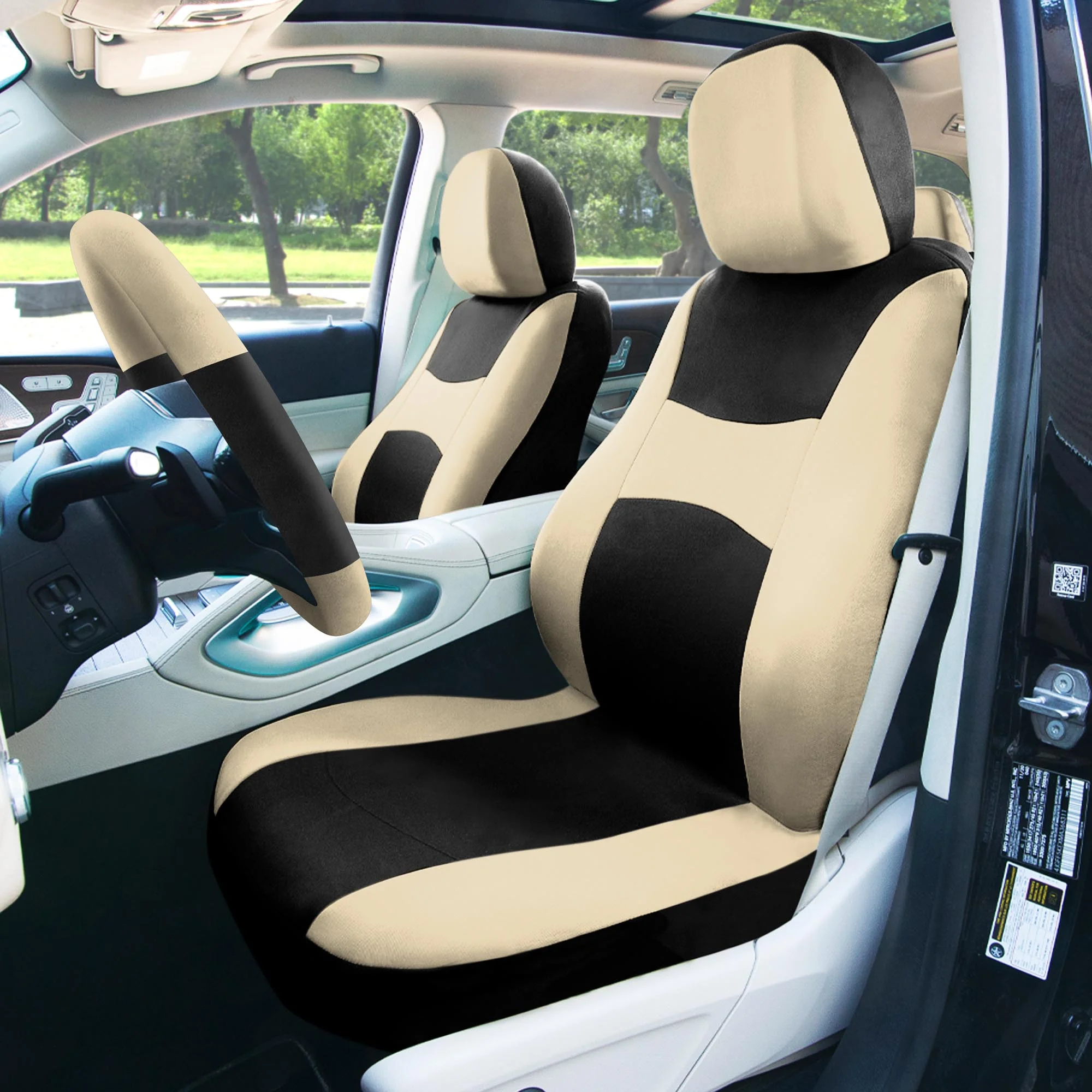 FH Group Light & Breezy Flat Cloth Car Seat Cover, Universal Beige Full Set Seat Covers with Air Freshener