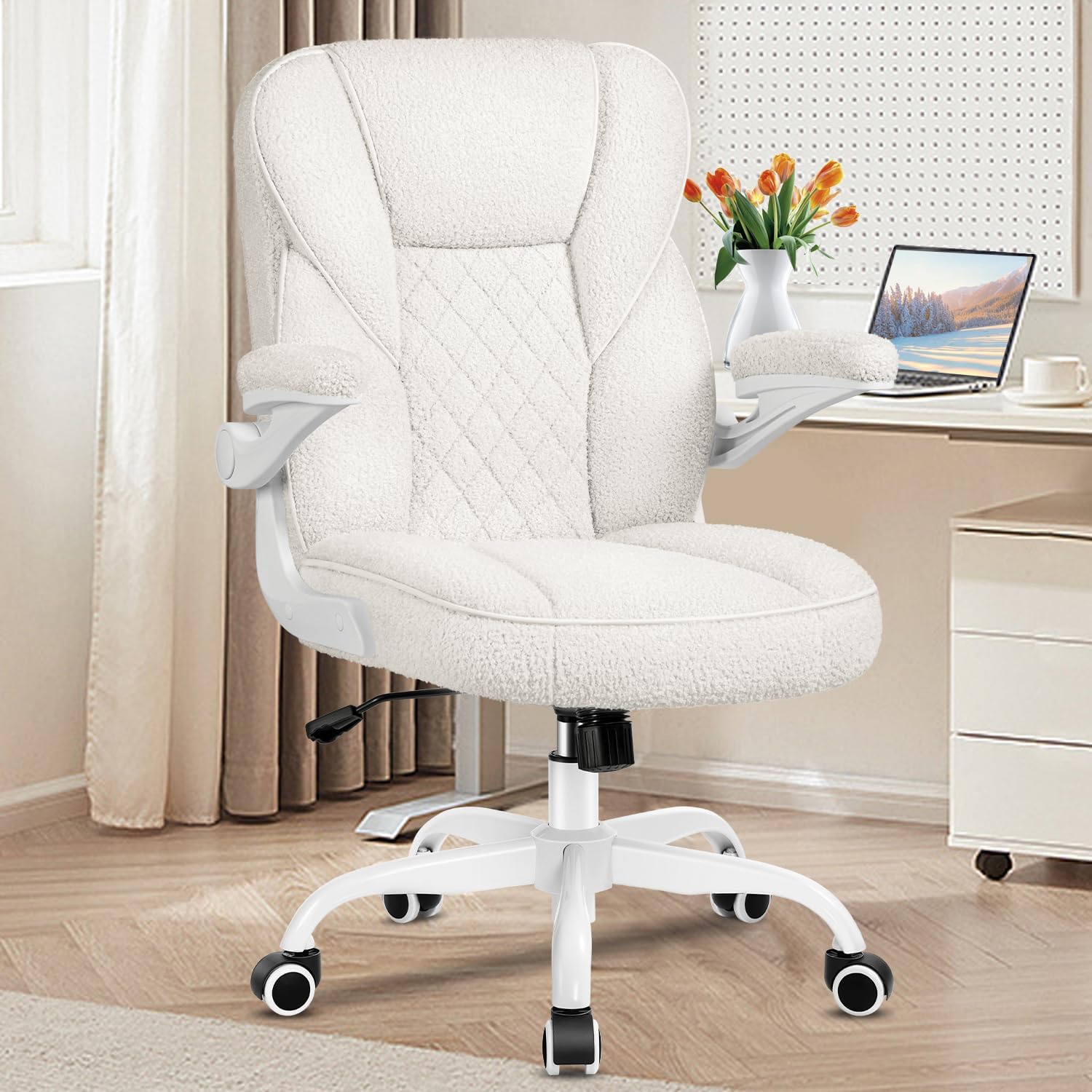 Living Room Chairs, Ergonomic Vanity Chair with Wheels, Comfortable Teddy Velvet Bedroom Chair with Flip-up Armrests, Reading Chair White