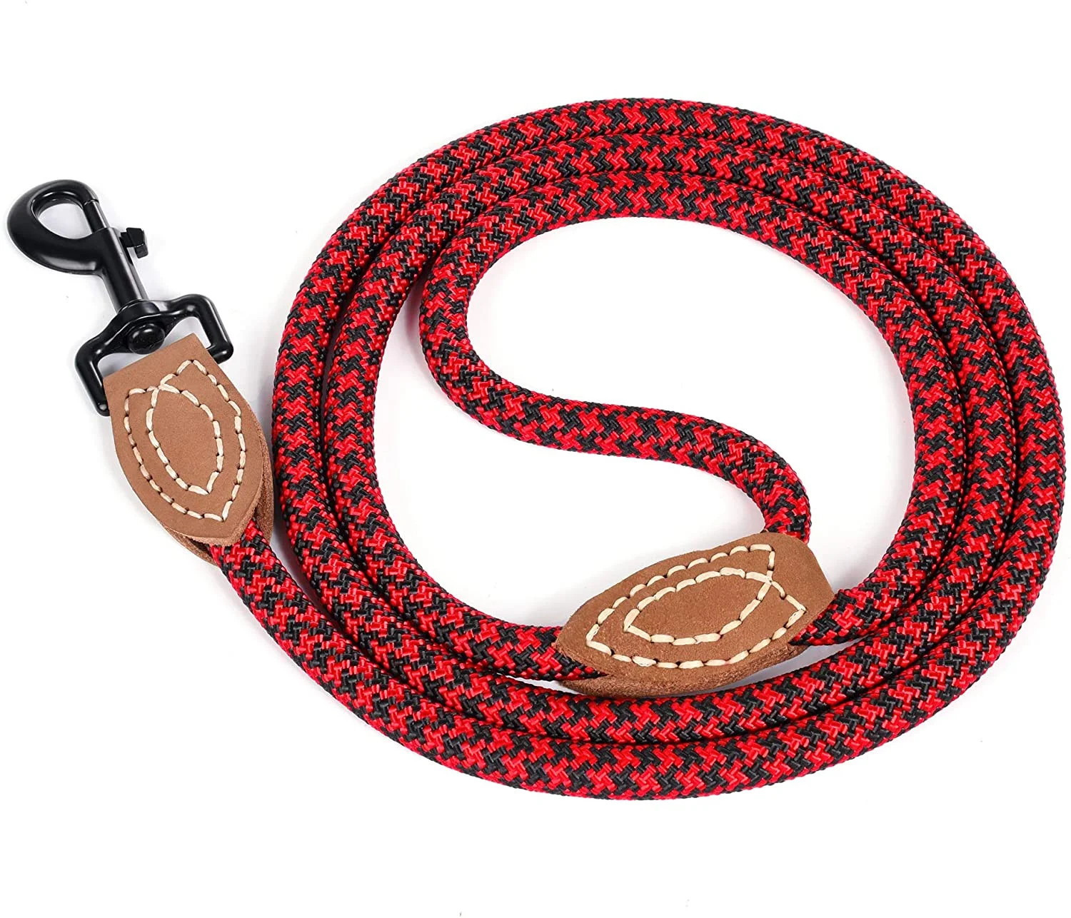 Mile High Life Mountain Climbing Dog Rope Leash with Heavy Duty Metal Sturdy Clasp Genuine Leather Tailored Connection with Strong Stitches 72 Inch (Pack of 1) Red Black