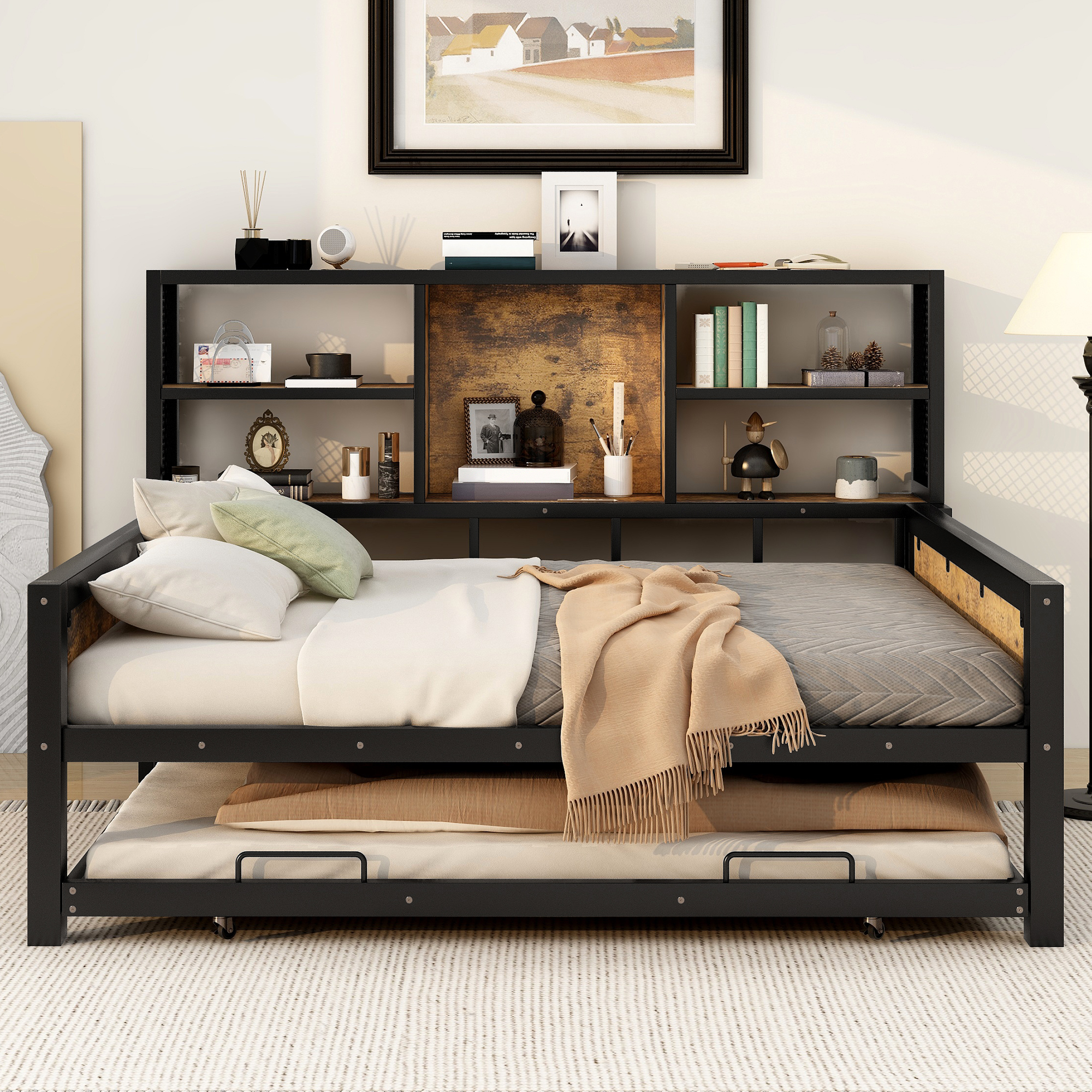 Stylish Full-Size Metal Cabin Daybed with Built-In Storage Shelves and Pull-Out Trundle