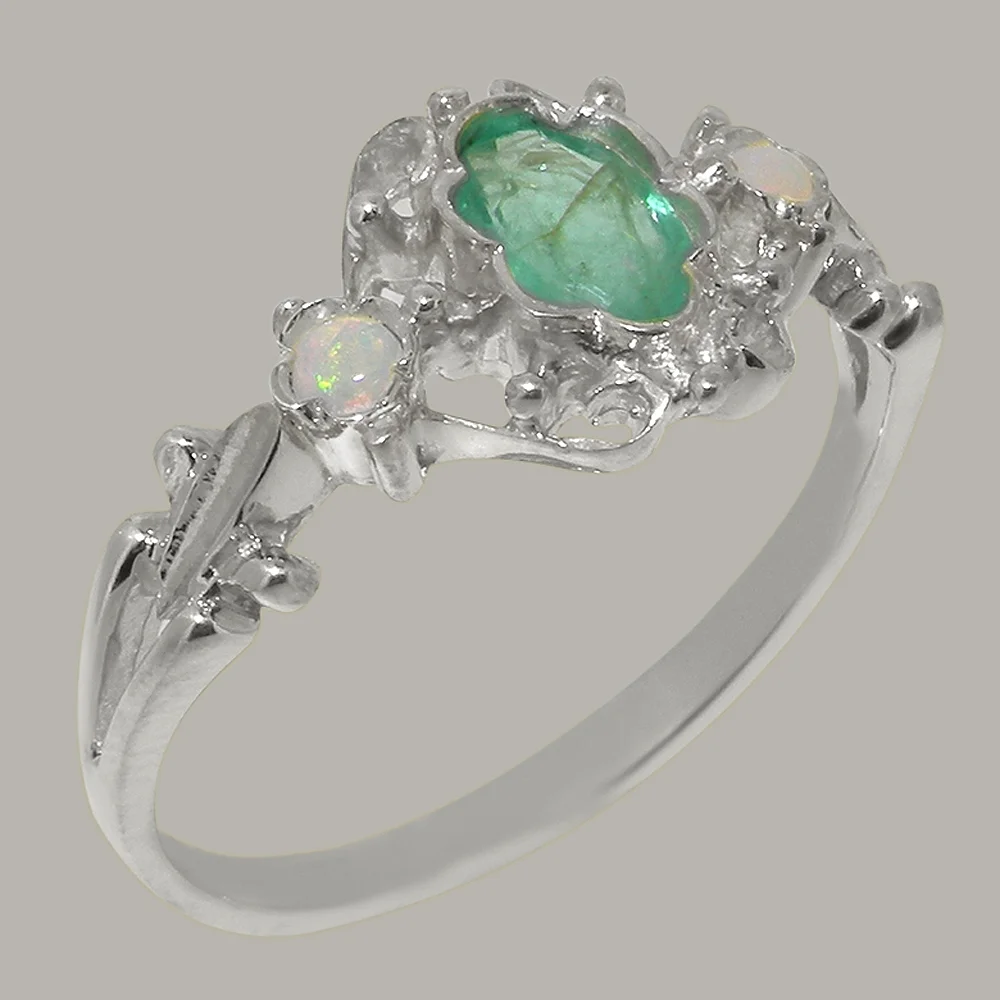 LBG British Made 9k White Gold Natural Emerald & Opal Womens Engagement Ring - 33 size options - Size 4.5