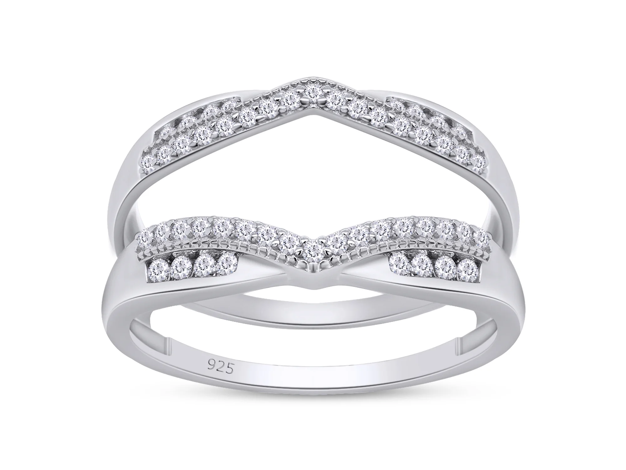 1/3 ct t.w Round Cut Lab Created Moissanite Diamond Wedding Band Enhancer Guard Double Chevron Ring In 14K White Gold Over Sterling Silver (D Color,VVS1 Clarity 0.33 Cttw)-4