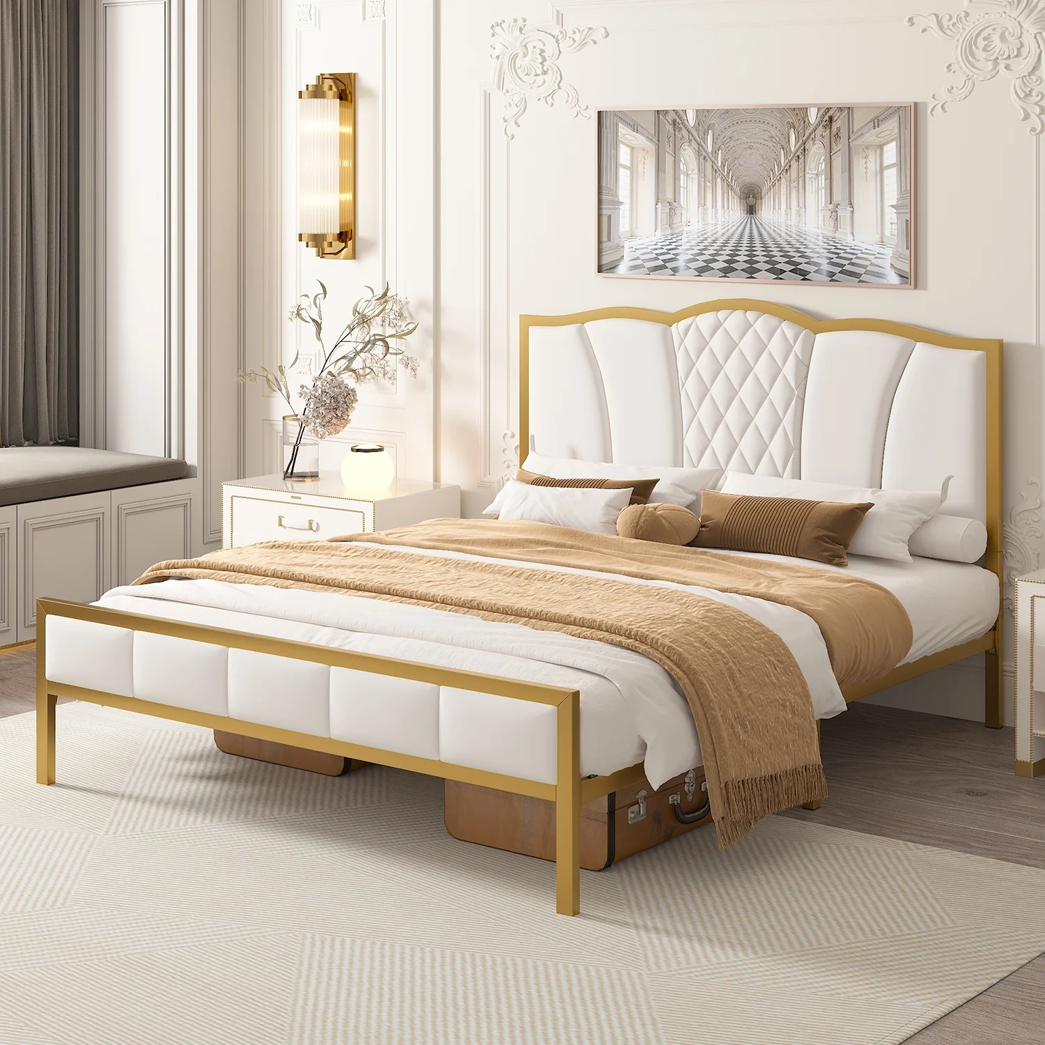 Churanty Golden Metal Platform Bed Queen Size Upholstered Bed Frame with Tufted Headboard,Beige