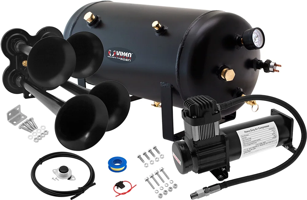 Vixen Horns Train Horn Kit for Trucks/Car/Semi. Complete Onboard System- 200psi Air Compressor, 5 Gallon Tank, 4 Trumpets. Super Loud dB. Fits Vehicles like Pickup/Jeep/RV/SUV 12v VXO8350B/4114B