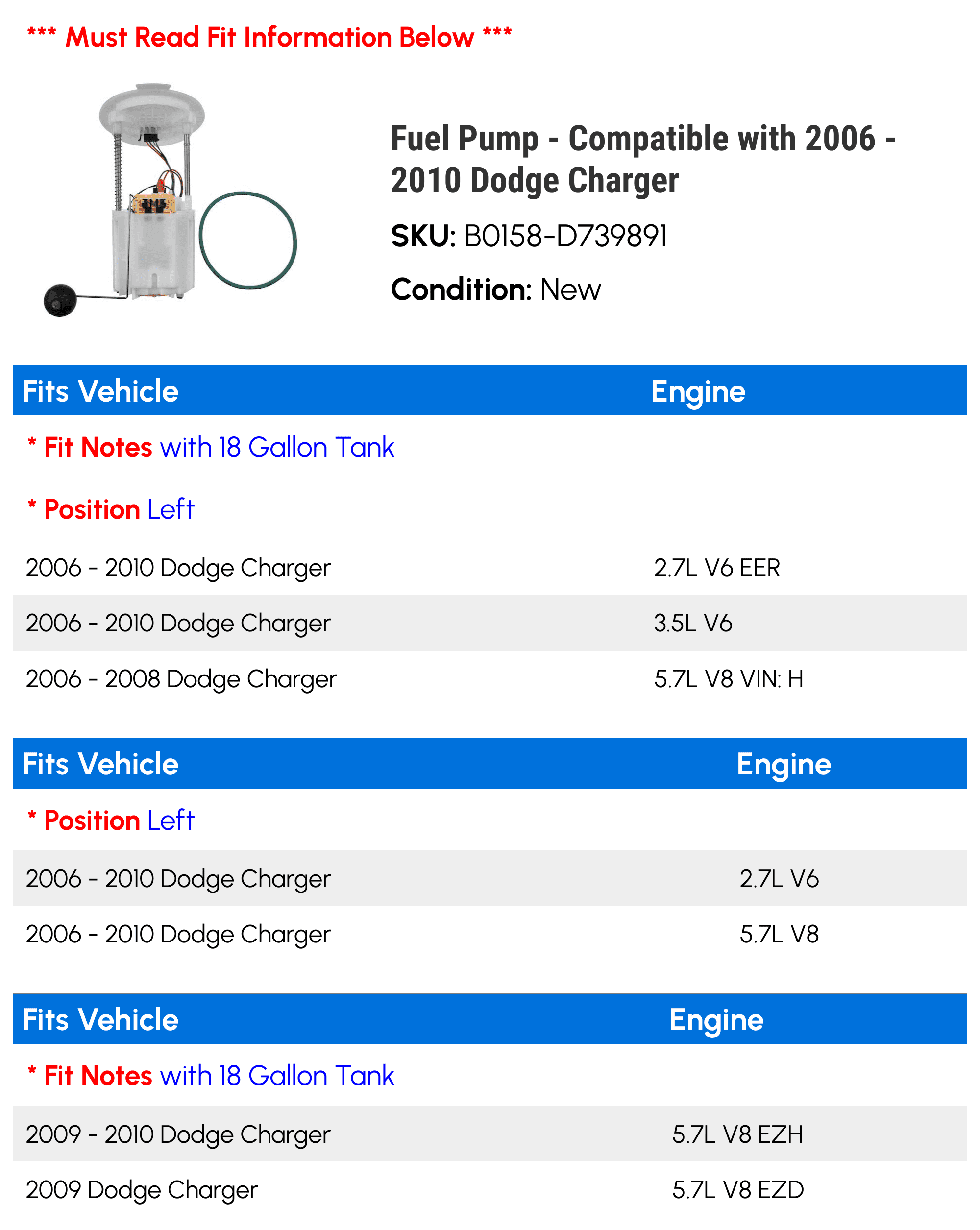 Fuel Pump - Compatible with 2006 - 2010 Dodge Charger 2007 2008 2009