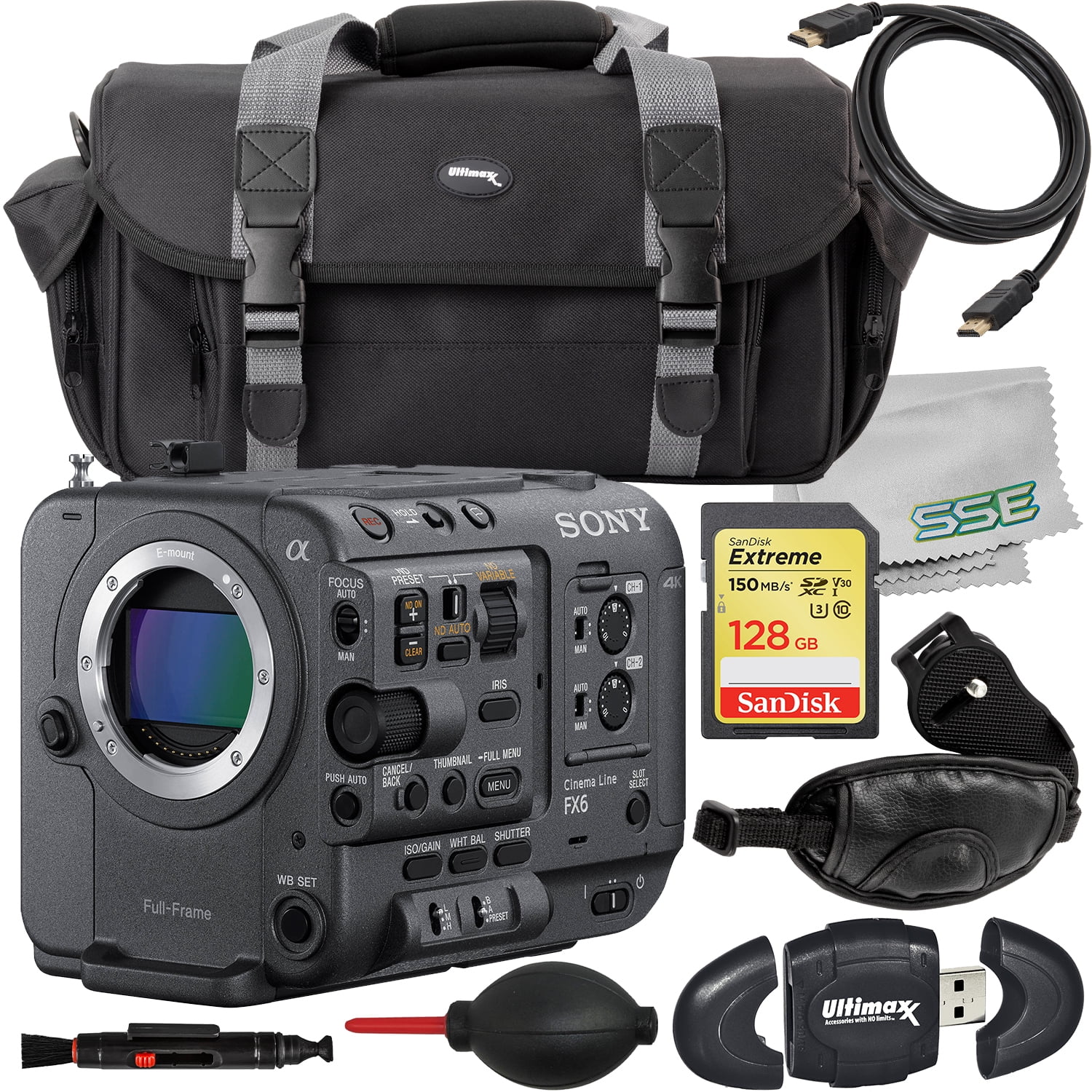 Ultimaxx Essential Accessory Bundle + Sony FX6 Full-Frame Cinema Camera (Body Only) + SanDisk 128GB Extreme SDXC Memory Card, Water-Resistant Gadget Bag & More (22pc Bundle)
