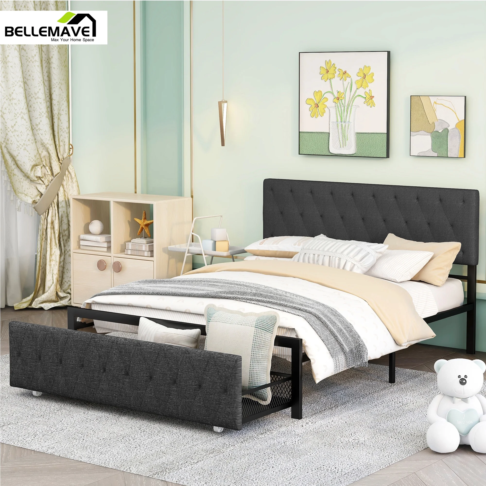 Bellemave Queen Size Metal Platform Bed Frame with Storage Drawer, Platform Bed with Tufted Upholstered Headboard and Footboard, Dark Gray