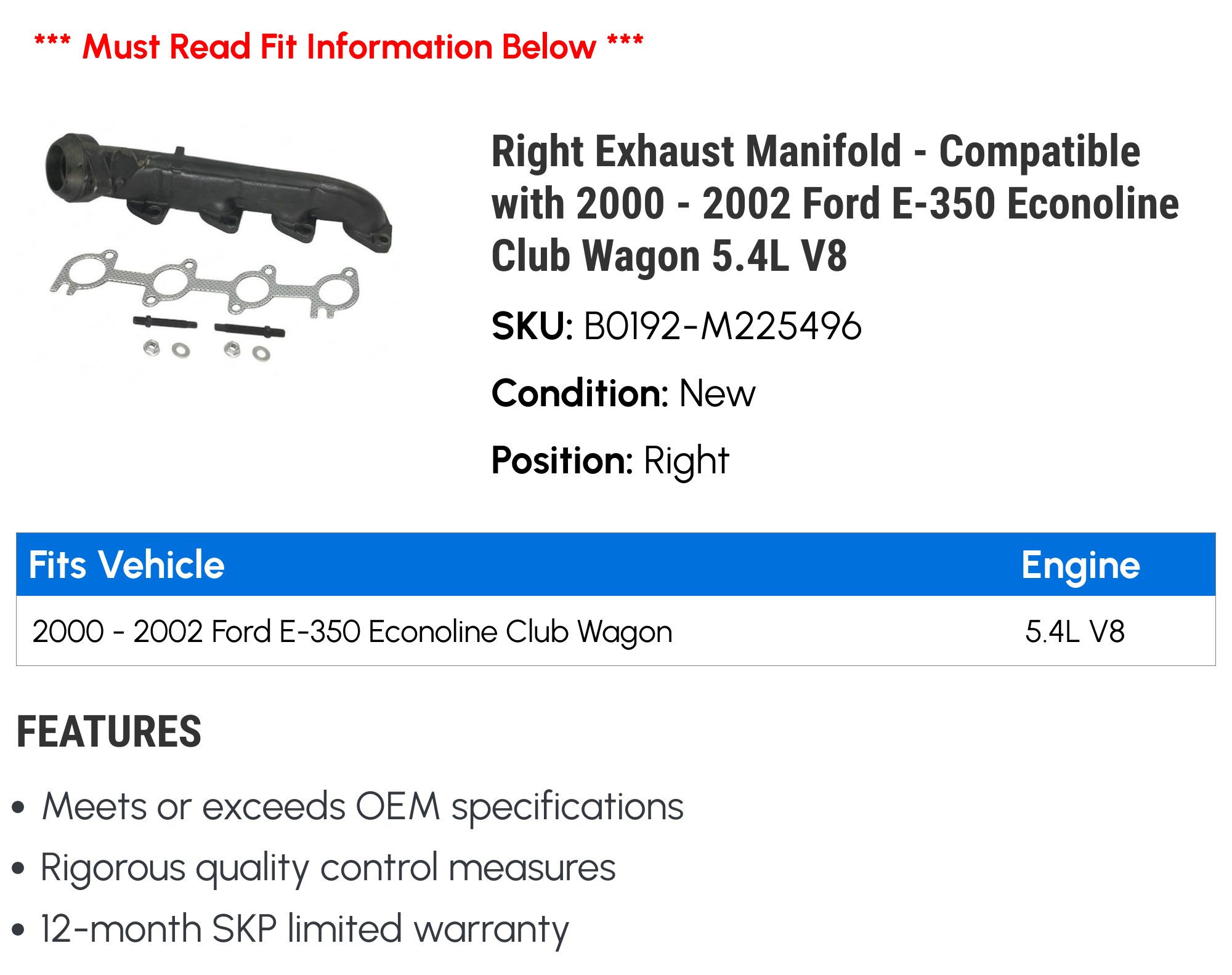 Right Exhaust Manifold - Compatible with 2000 - 2002 Ford E-350 Econoline Club Wagon 5.4L V8 2001
