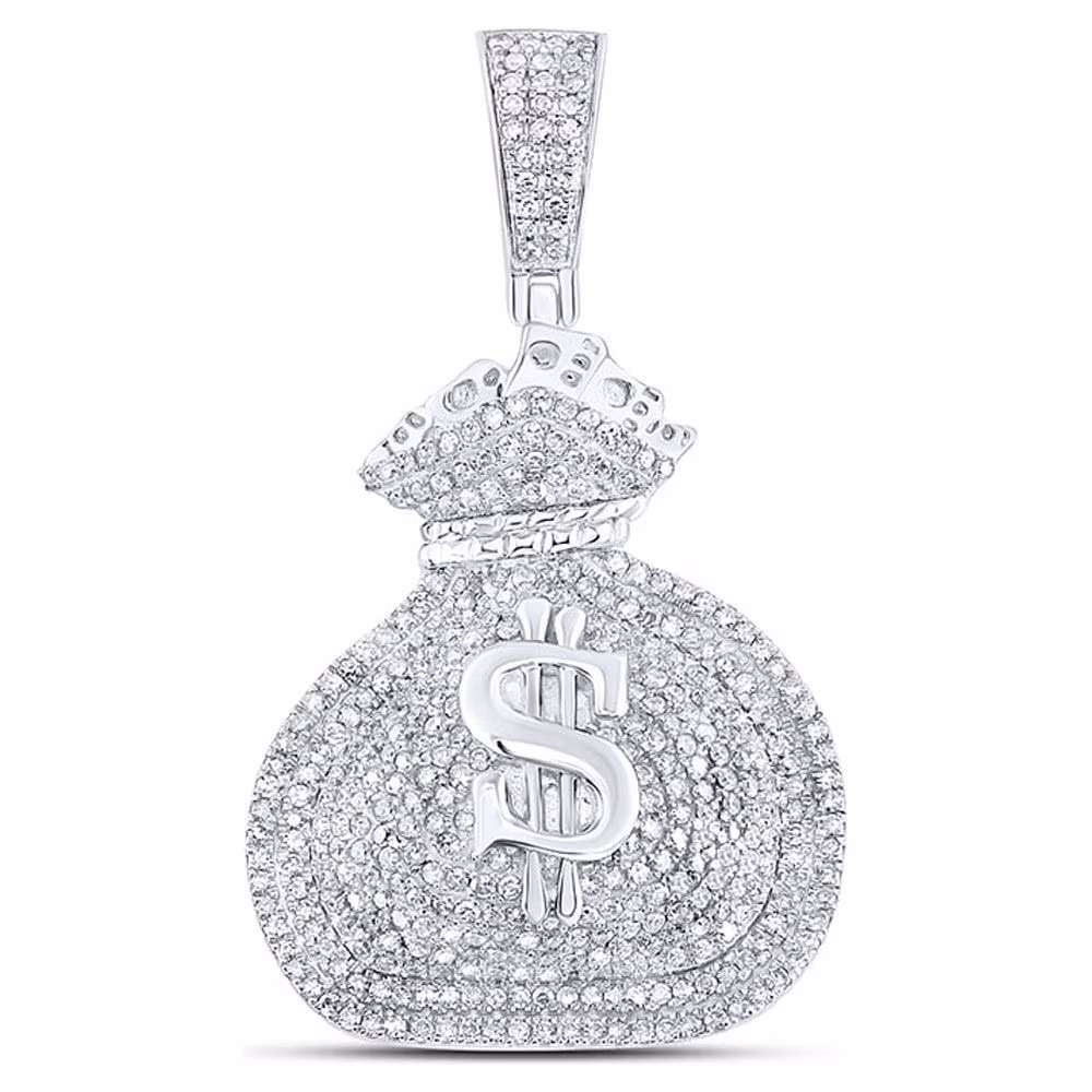 Sterling Silver Mens Round Diamond Money Bag Charm Pendant 1 Cttw