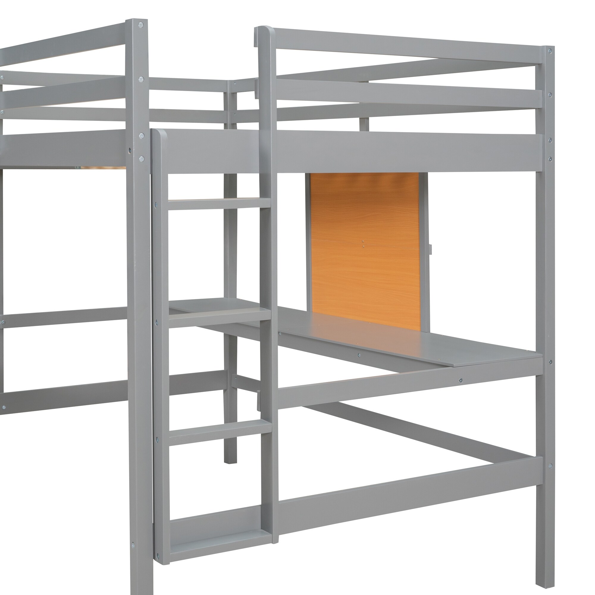 Full Loft Bed with Desk & Writing Board, Wooden Loft Bedframe w/ 2 Drawers Cabinet & 2 Ladders for Kids Teens Boys & Girls, Grey