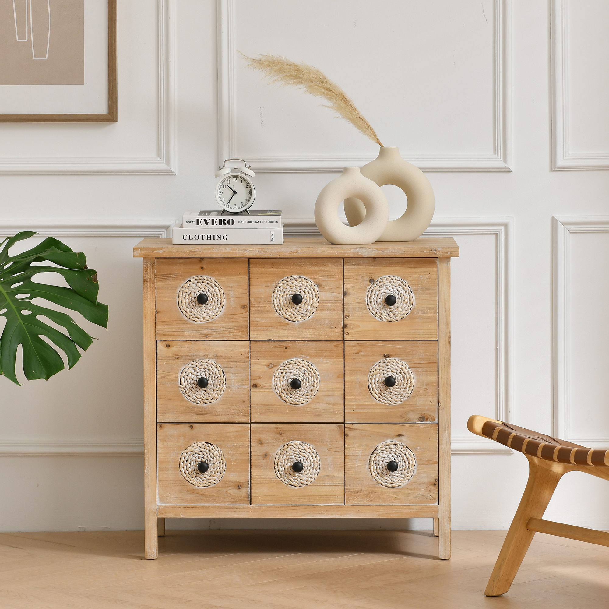 Accent Storage Cabinet Rattan Retro Wooden Apothecary Chest with 9-Drawer and Metal Handles