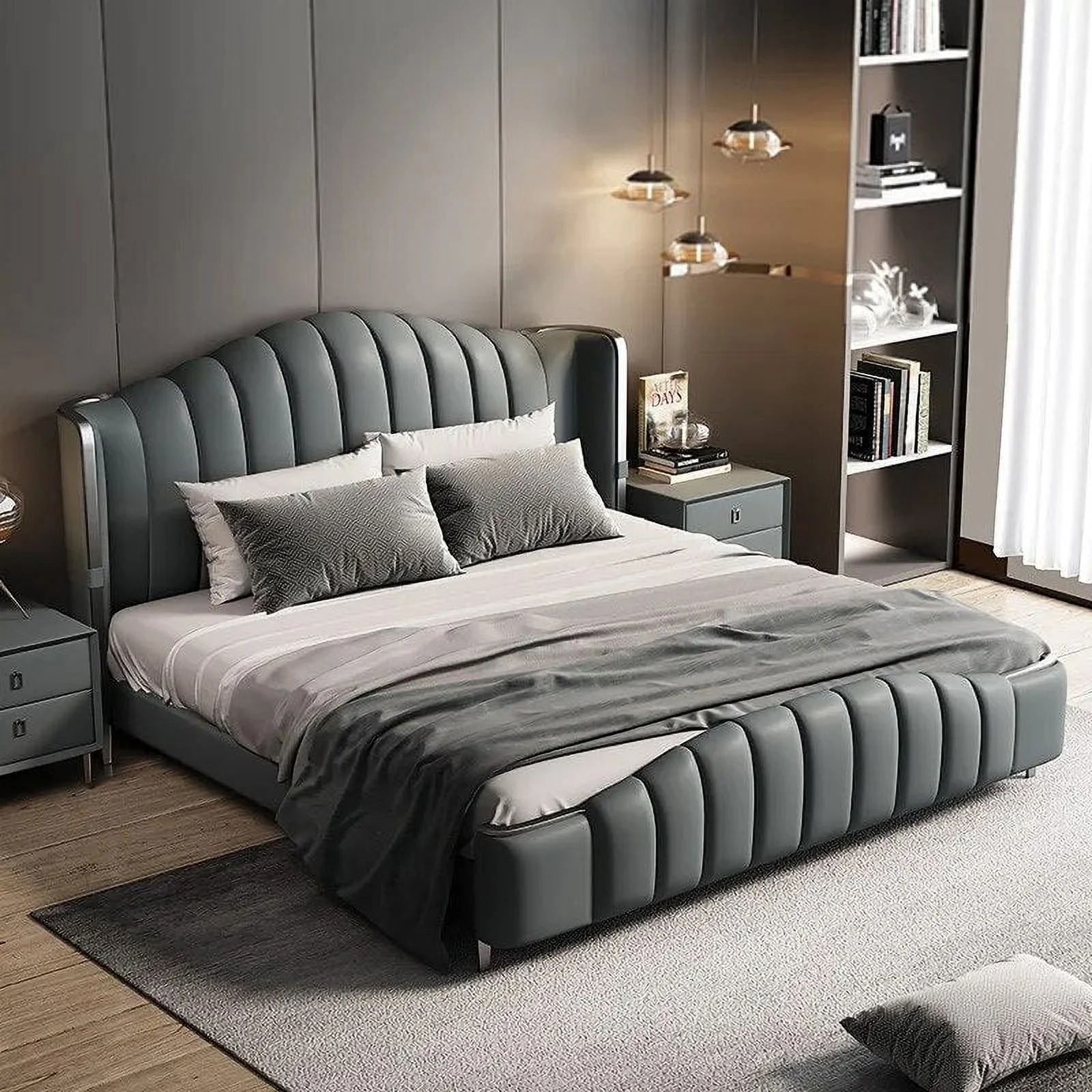 MANBAS Elegant Soft Double Bed Frame with Genuine Leather Headboard Contemporary Upholstered Bed Bedroom Furniture Dormitorio