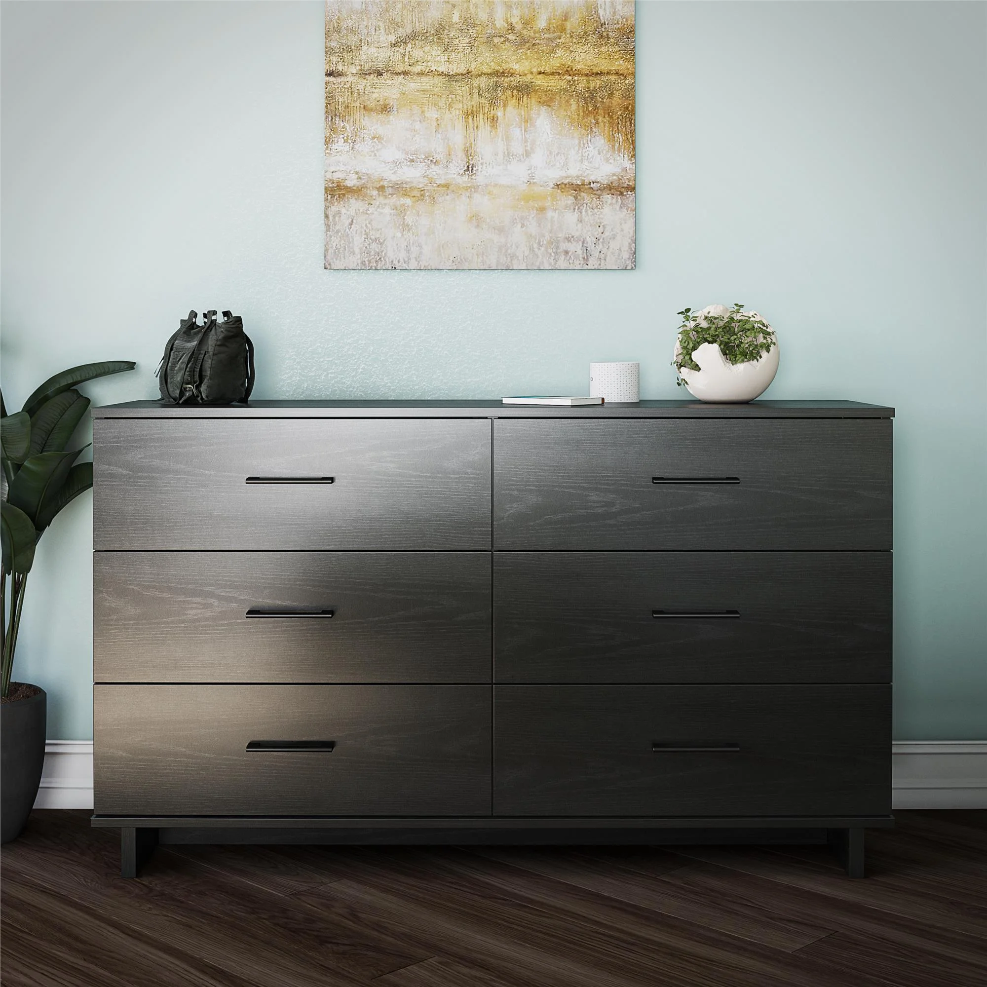 Ameriwood Home Southlander 6 Drawer Wide Dresser, Black Oak