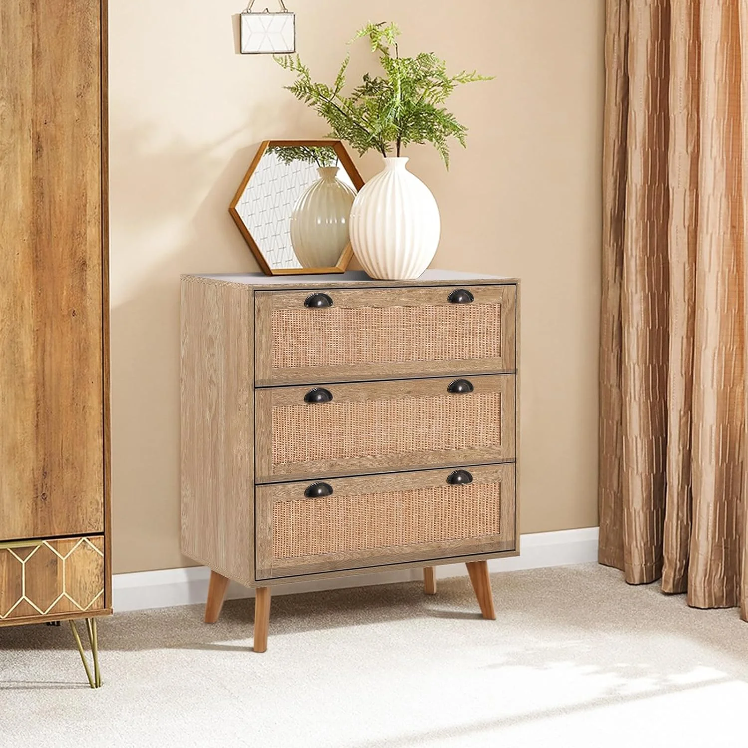 RUNFAYBIU Sophia & William Rattan Dresser 3 Drawer Dresser Rattan  Cabinet
