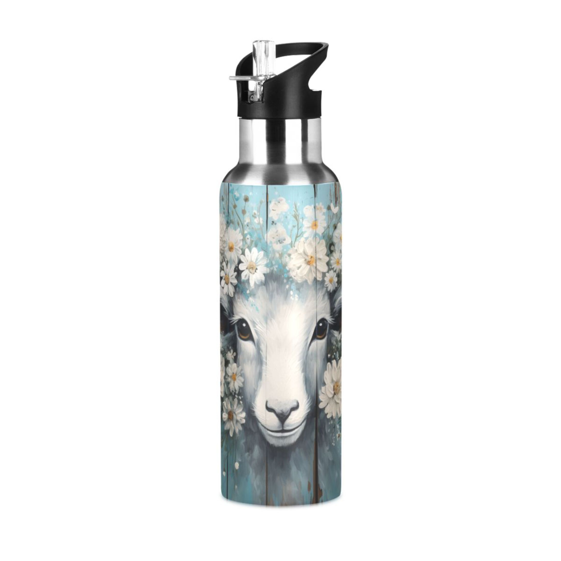 Sheep with Floral Water Bottles Insulated Thermos Kids Stainless Steel Bottle with Straw Lid Flask Leakproof for Sports Gym 20 oz