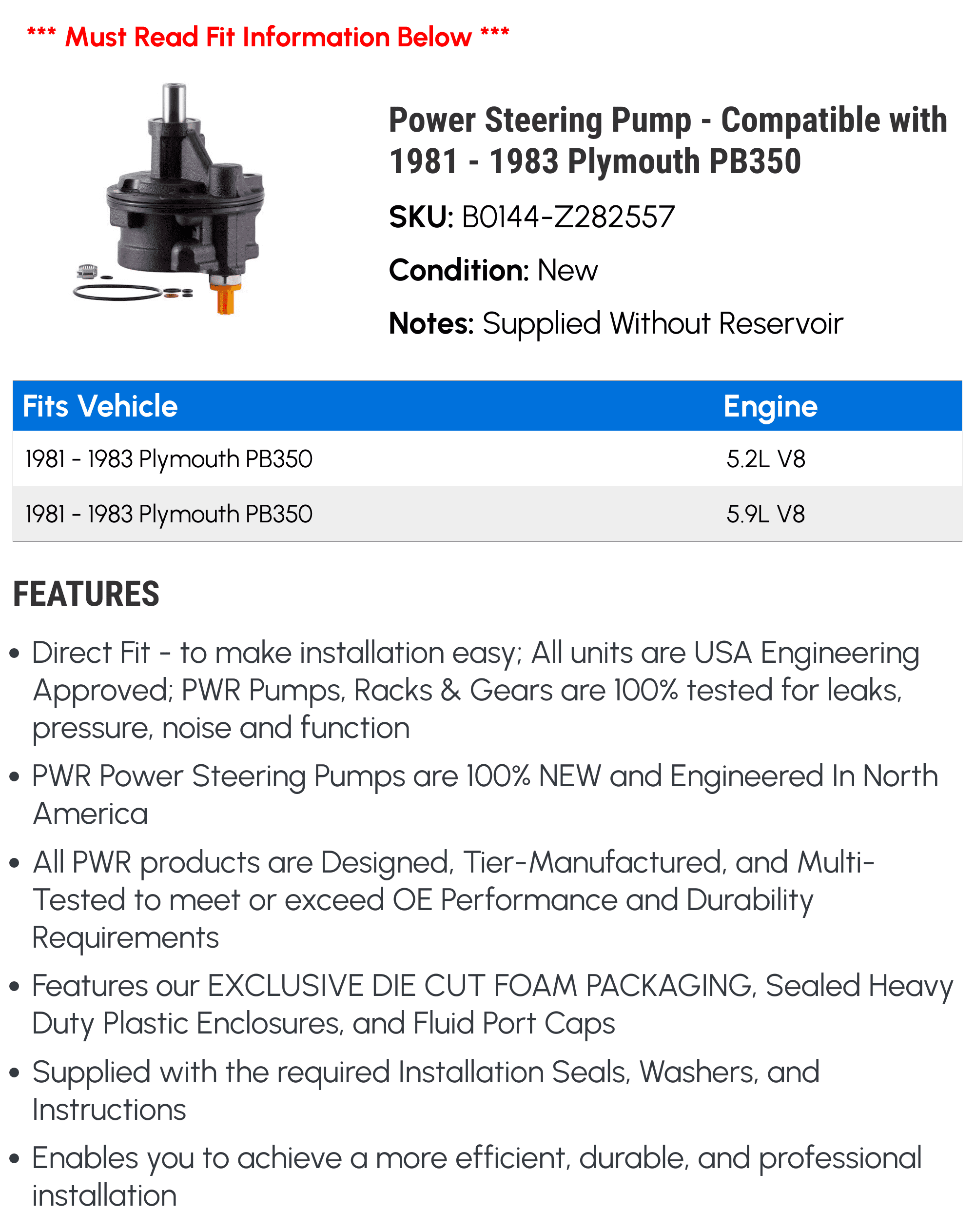 Power Steering Pump - Compatible with 1981 - 1983 Plymouth PB350 1982