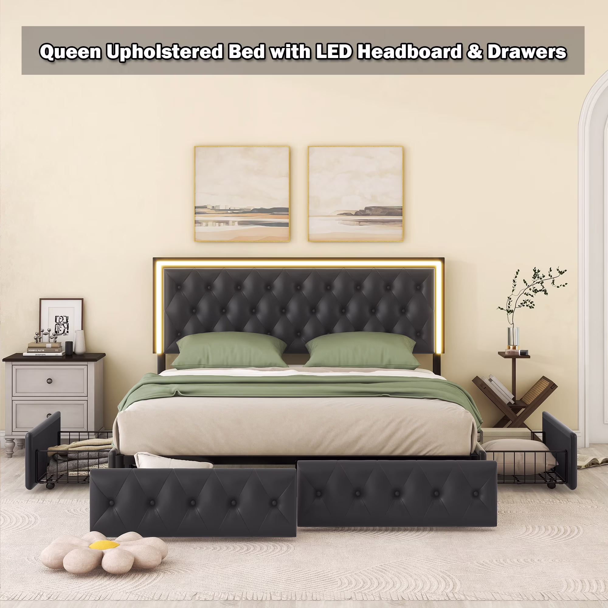 Bellemave Queen Upholstered Bed Frame with 4 Drawers and Adjustable LED Headboard PU Leather Upholstered Storage Platform Bed with Wooden Slats Support, No Box Spring Needed, Black
