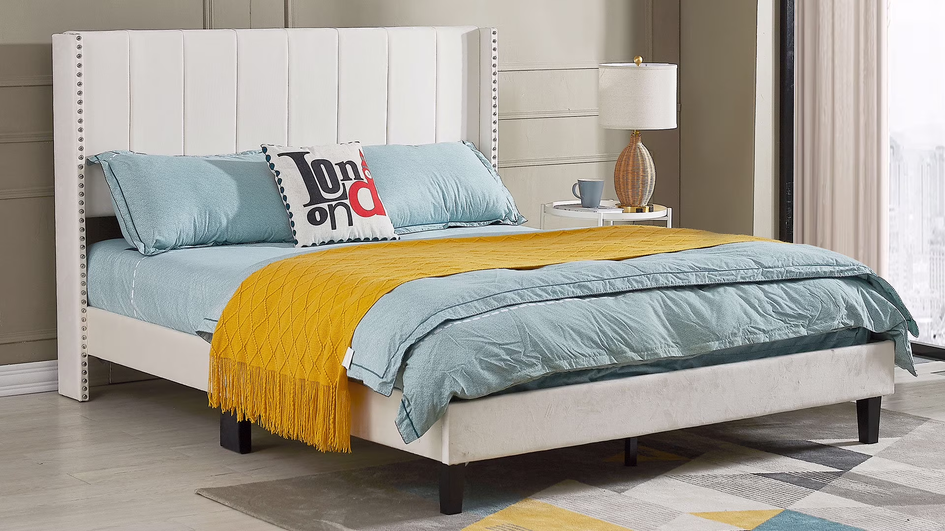 LANTRO JS Queen Bed Frame, Velvet Upholstered Bed Frame with Vertical Channel Tufted Headboard Beige