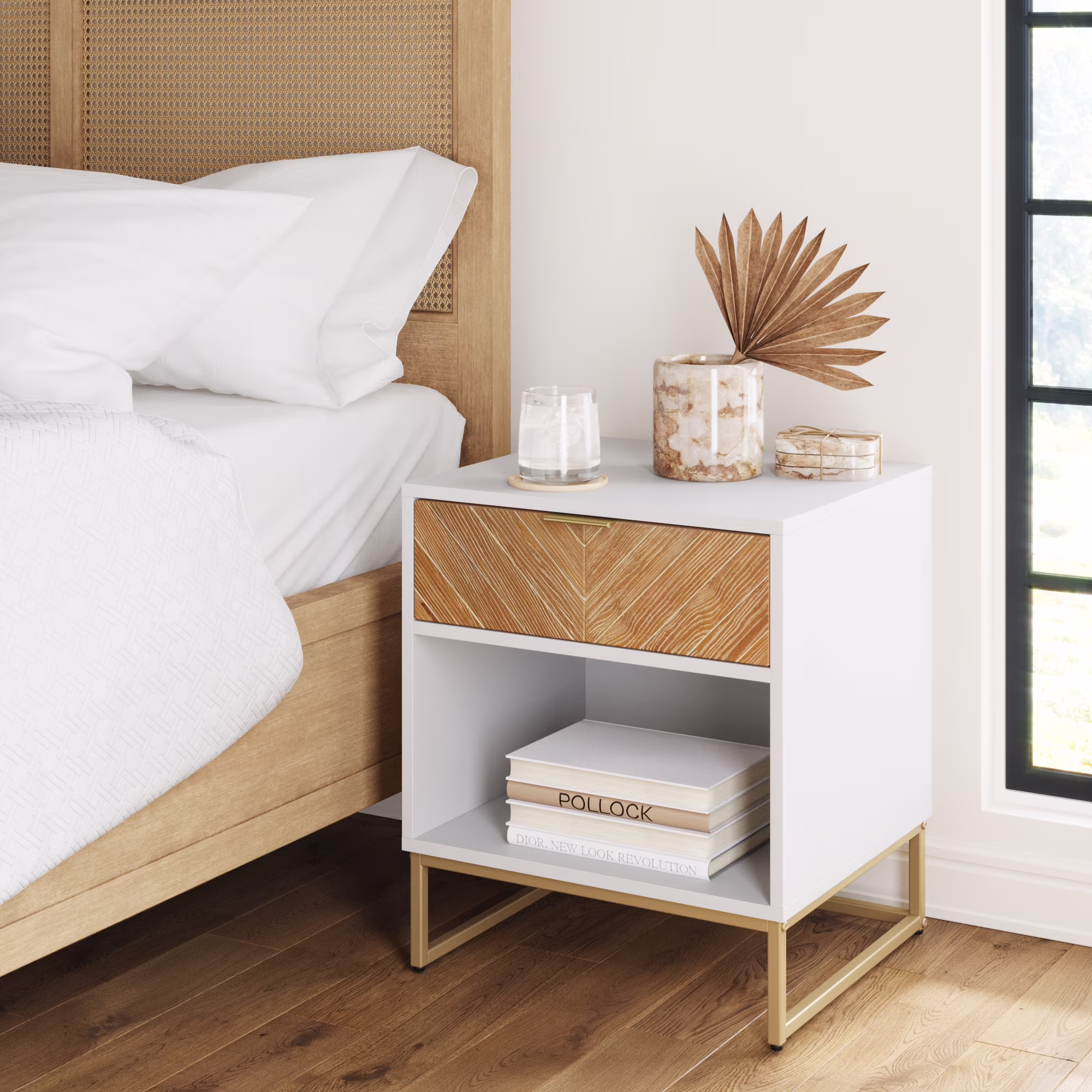 Nathan James Kensi White Nightstand Gold Metal Base with Open Cubby for Storage and Drawer