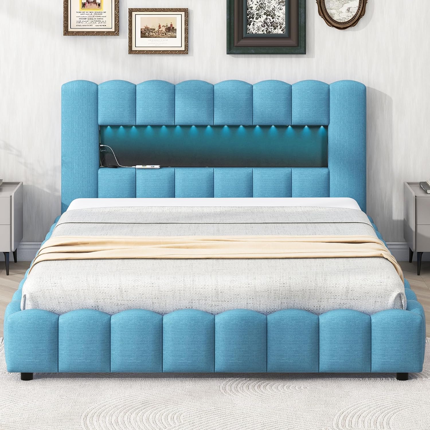 Upholstered Queen Size Bed With Lift Up Storage, USB Ports And LED Headboard, Linen Queen Platform Bed With Slats Support, No Box Spring Needed, Easy Assembly, Blue