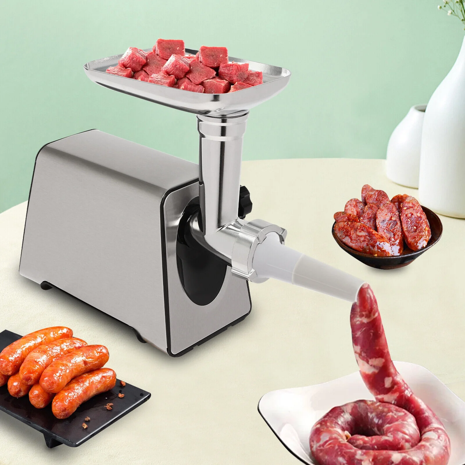 2.8KW Commercial Electric Meat Grinder Kitchen Sausage Maker Filler Stuffer Home Silver