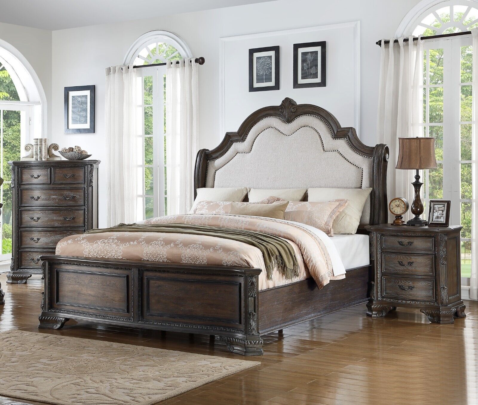 Traditional Formal 3Pc King Size Bed Chest Nightstand Set Gray Beige Upholstery Bedroom Furniture