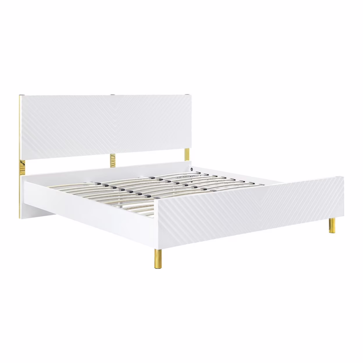 Tyra Modern Queen Bed, Panel Headboard, Luxury Textured Chevron, White Gold- Saltoro Sherpi