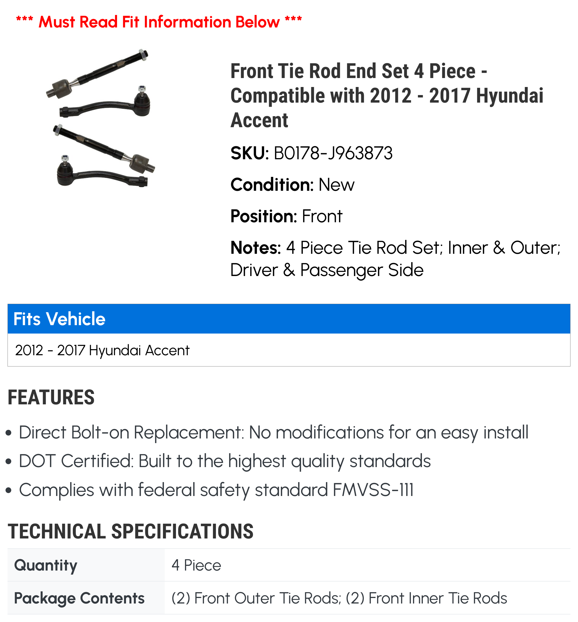Front Tie Rod End Set 4 Piece - Compatible with 2012 - 2017 Hyundai Accent 2013 2014 2015 2016