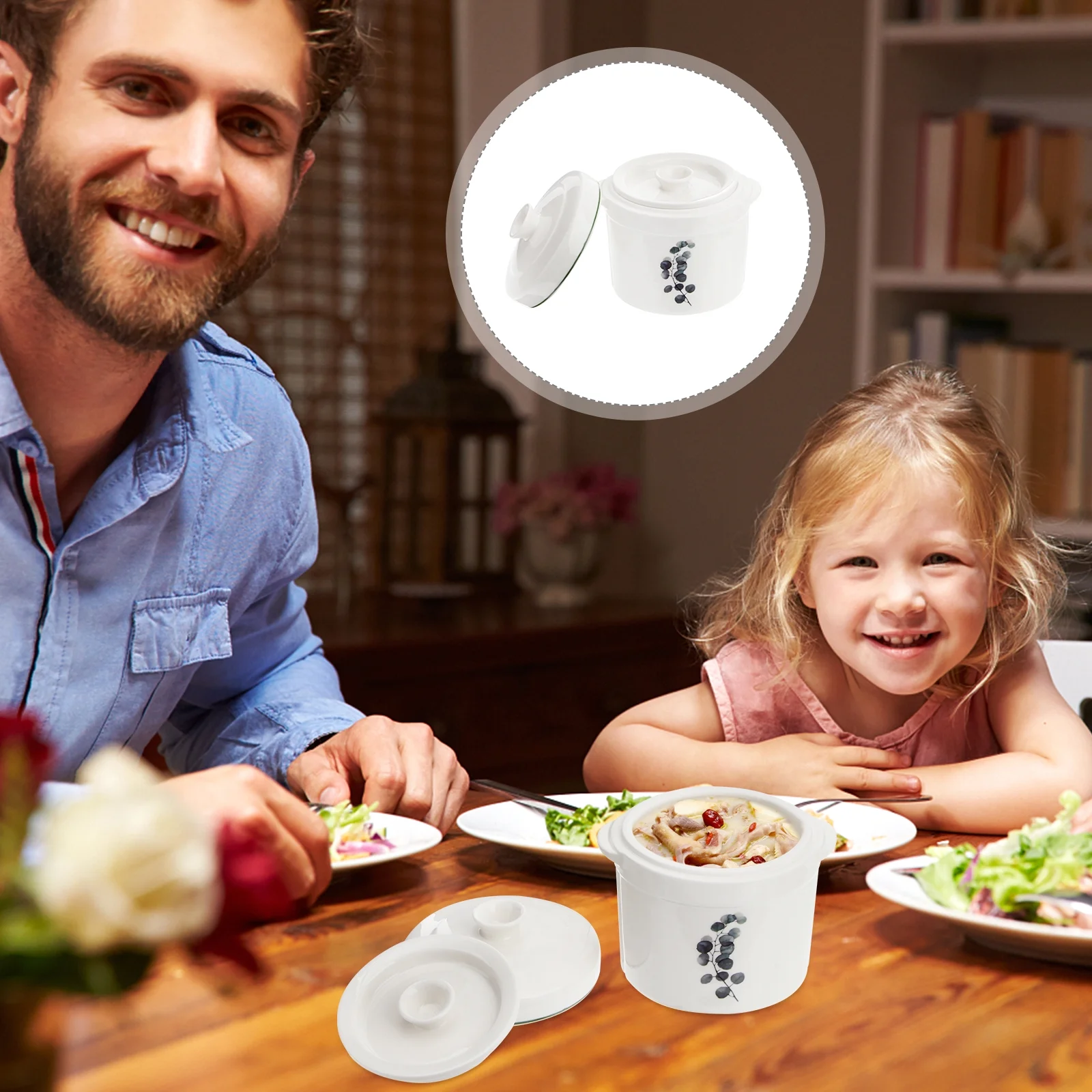 1Pc Ceramic Stew Pot Double Handles and Covers Soup Bowl Double Handles Bowl