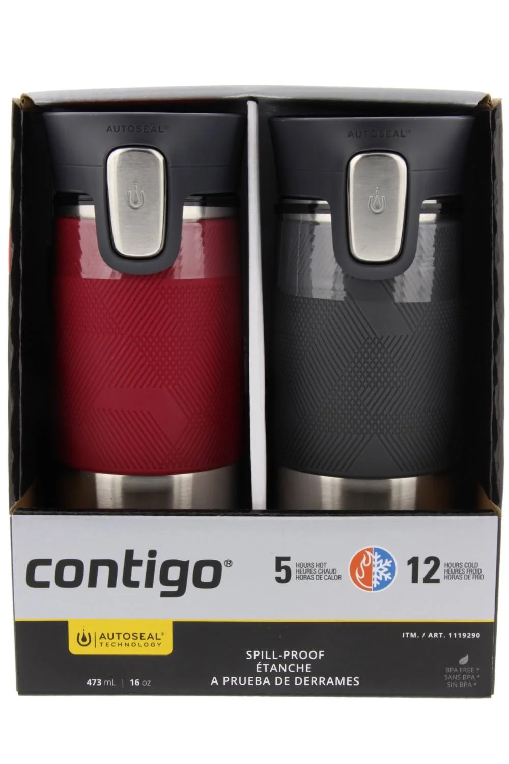 Contigo Autoseal Stainless Steel Spill-Proof Travel Mug, 16oz- Pinot Noir & Gray (2 Pack)