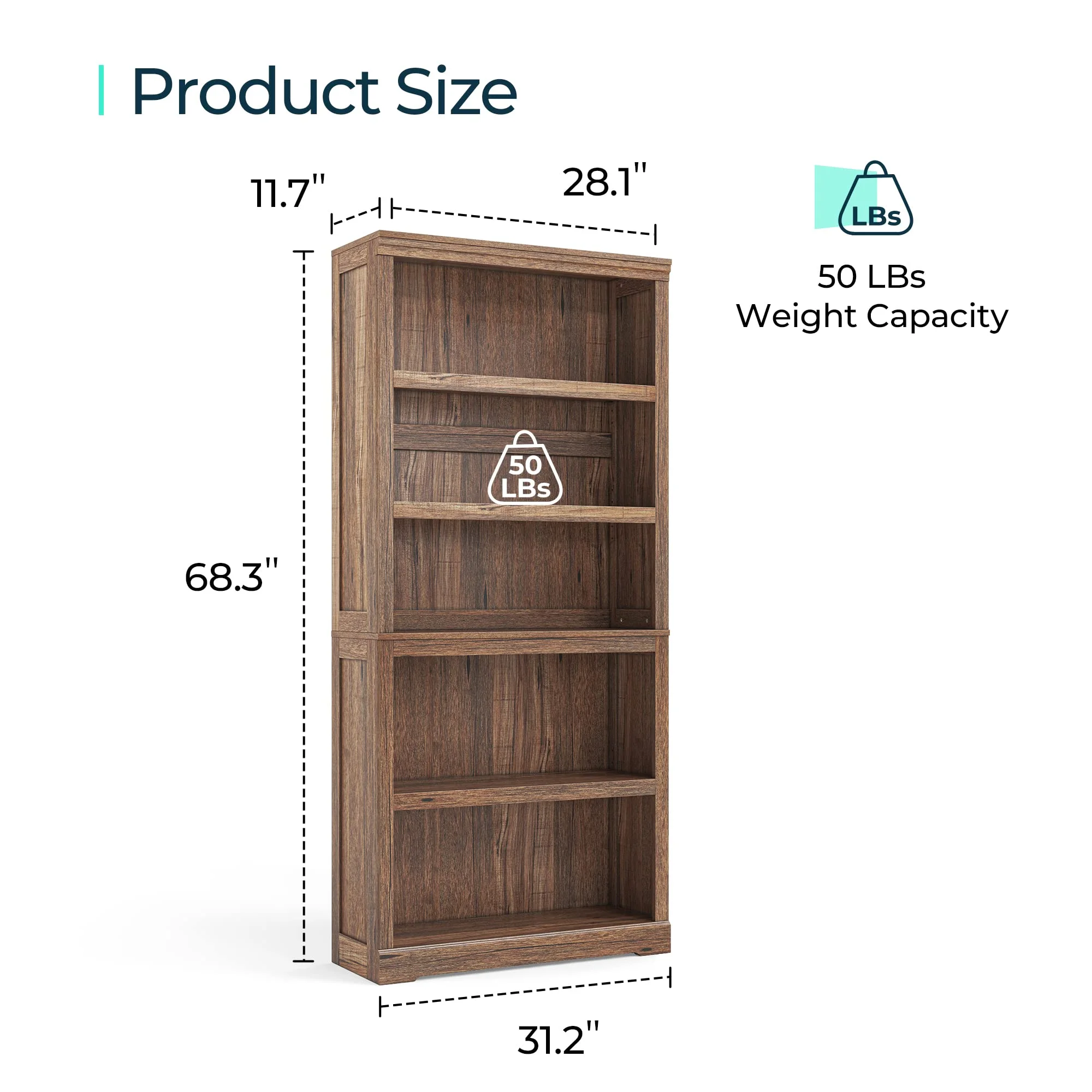 LINSY HOME 5-Shelf Bookcase, Bookshelves Floor Standing Display Storage Shelves 68 in Tall Bookcase Home Decor Furniture for Home Office, Living Room, Bed Room - Dark Brown