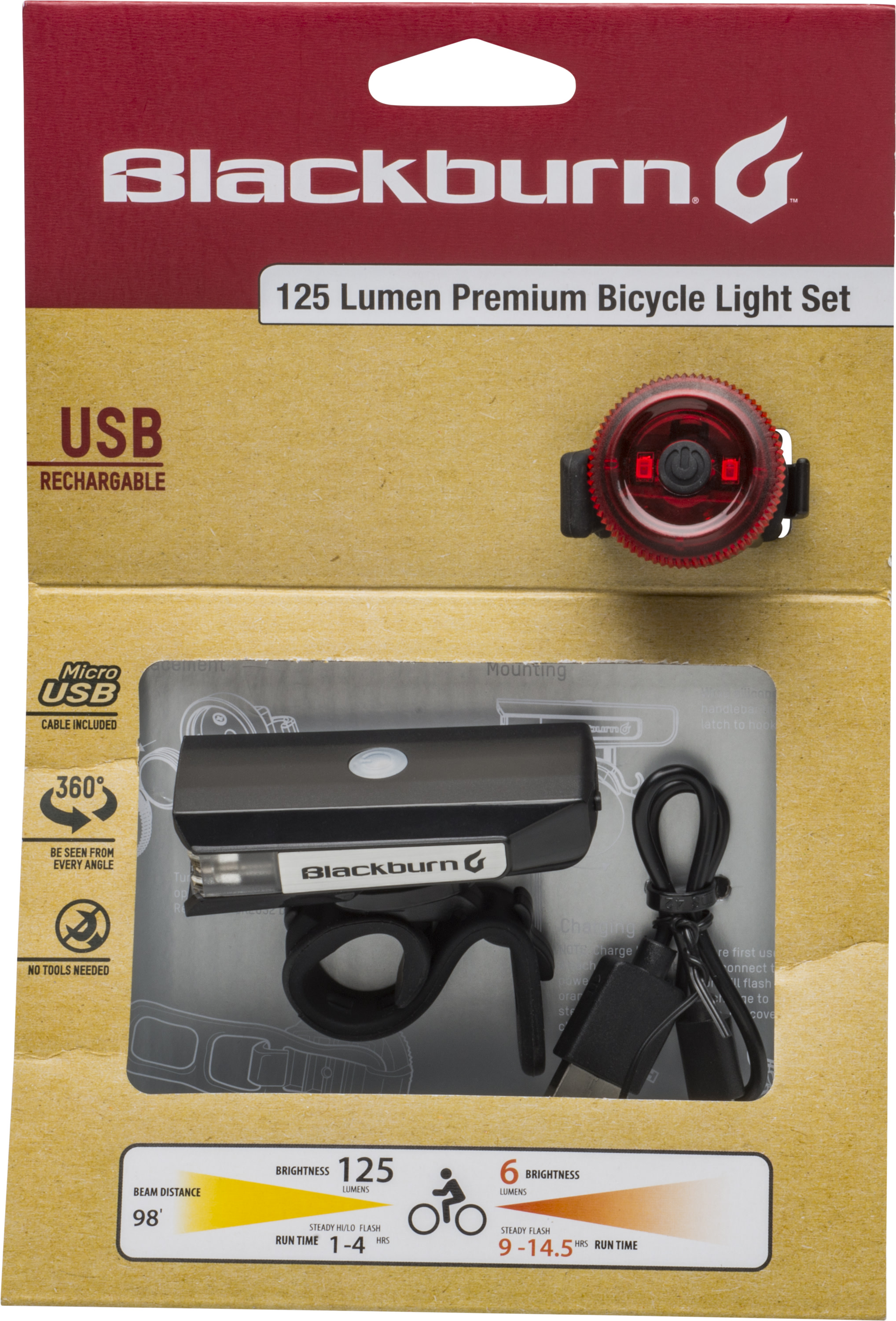 (2 pack) Blackburn 125 Lumen Premium Bike Light Set with Front Headlight and Rear Taillight