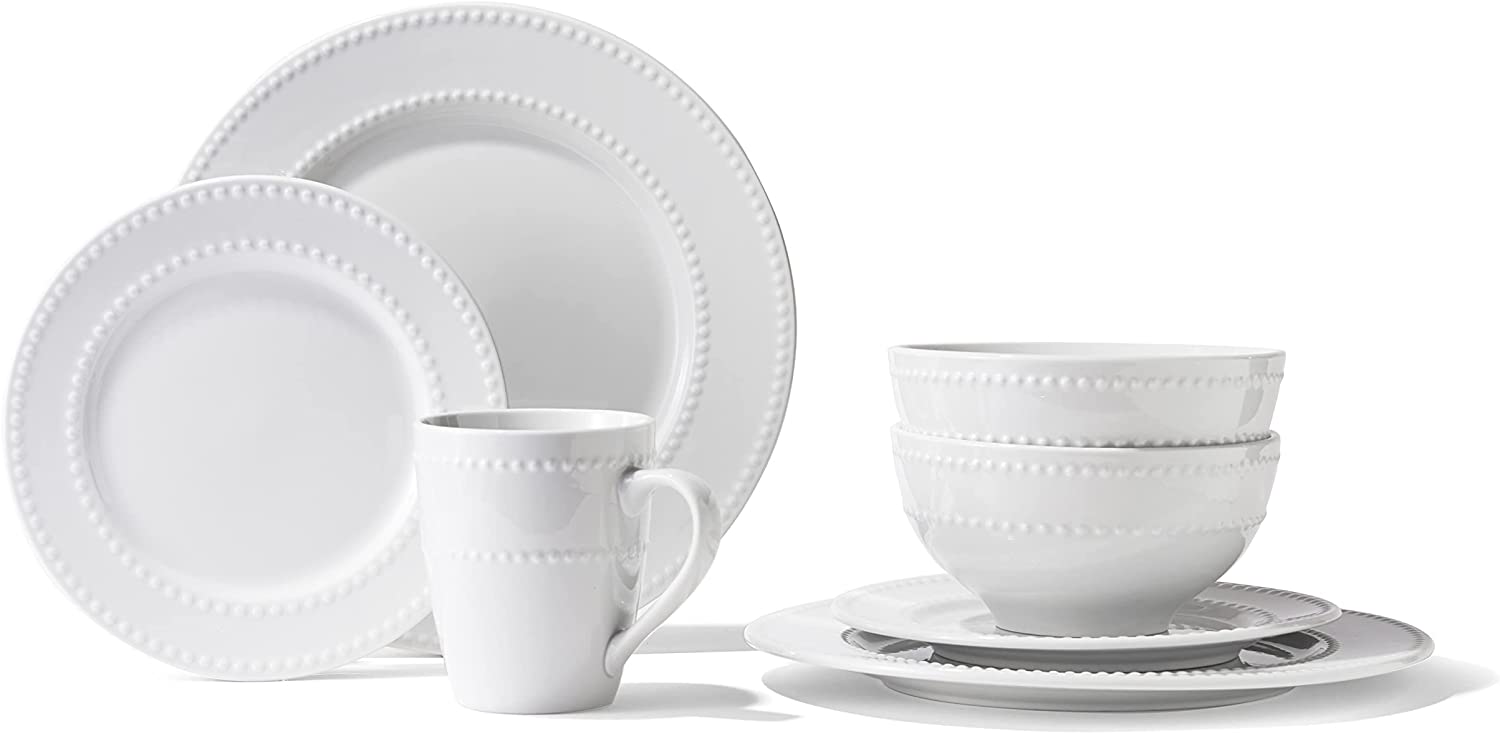 DIQIN Darcie Round Dinnerware Set – 16-Piece Porcelain Dinner Set w/ 4 Dinner Plates, 4 Salad Plates, 4 Bowls & 4 Mugs, Darcie White, 7858-16-RB