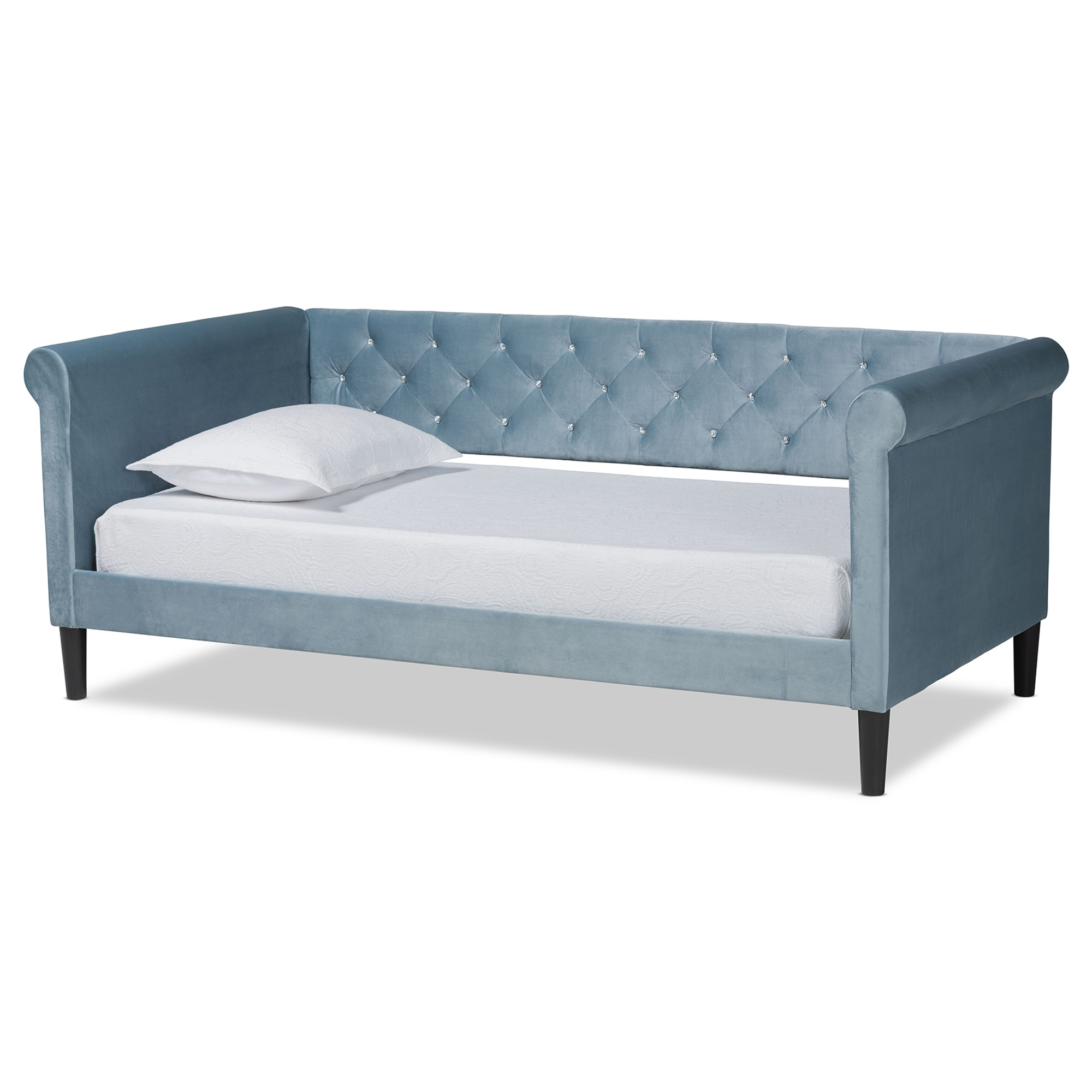 Baxton Studio Cora Modern and Contemporary Light Blue Velvet Fabric Upholstered and Dark Brown Finished Wood, Twin Size Daybed