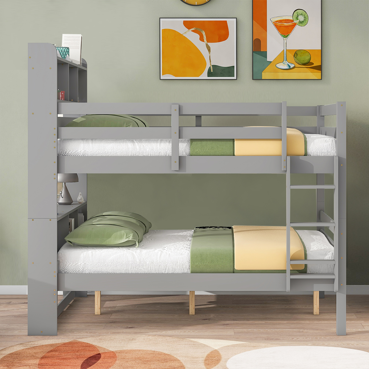 Modern and Minimalist Style Full Size Wooden Bunk Bed with Ladder and Shelves, Grey