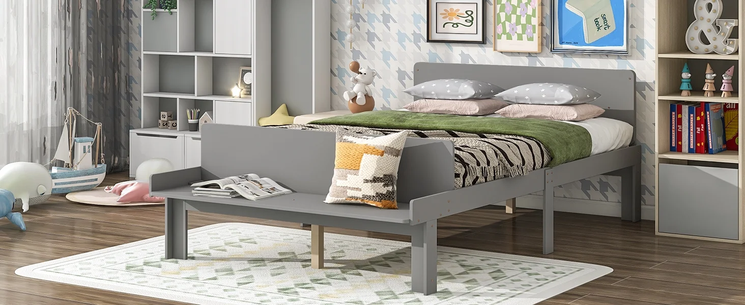 Bedside stool ,Full Bed with Footboard Bench,Grey