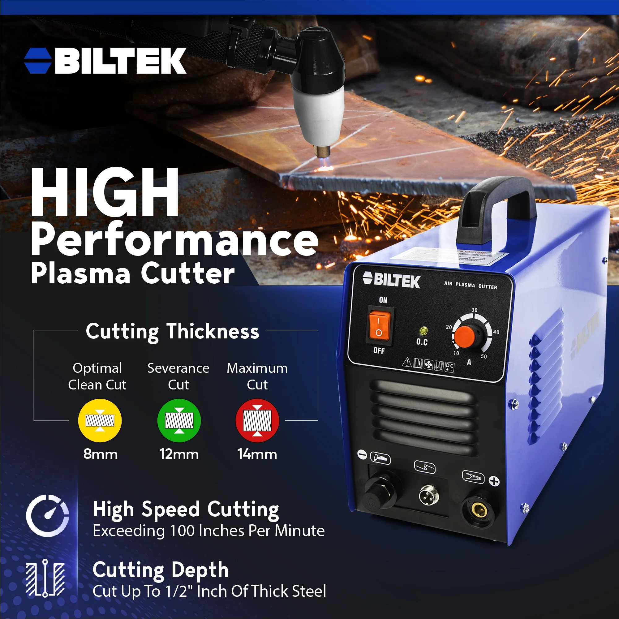 Biltek Plasma Cutter 50A Dual Voltage 110V/220V Cutting Torch Kit, 1/2 Inch, IGBT Technology, Portable Plasma Cutter Machine, Metal Cutter for Steel, Copper, Aluminum, Brass and Other Metals