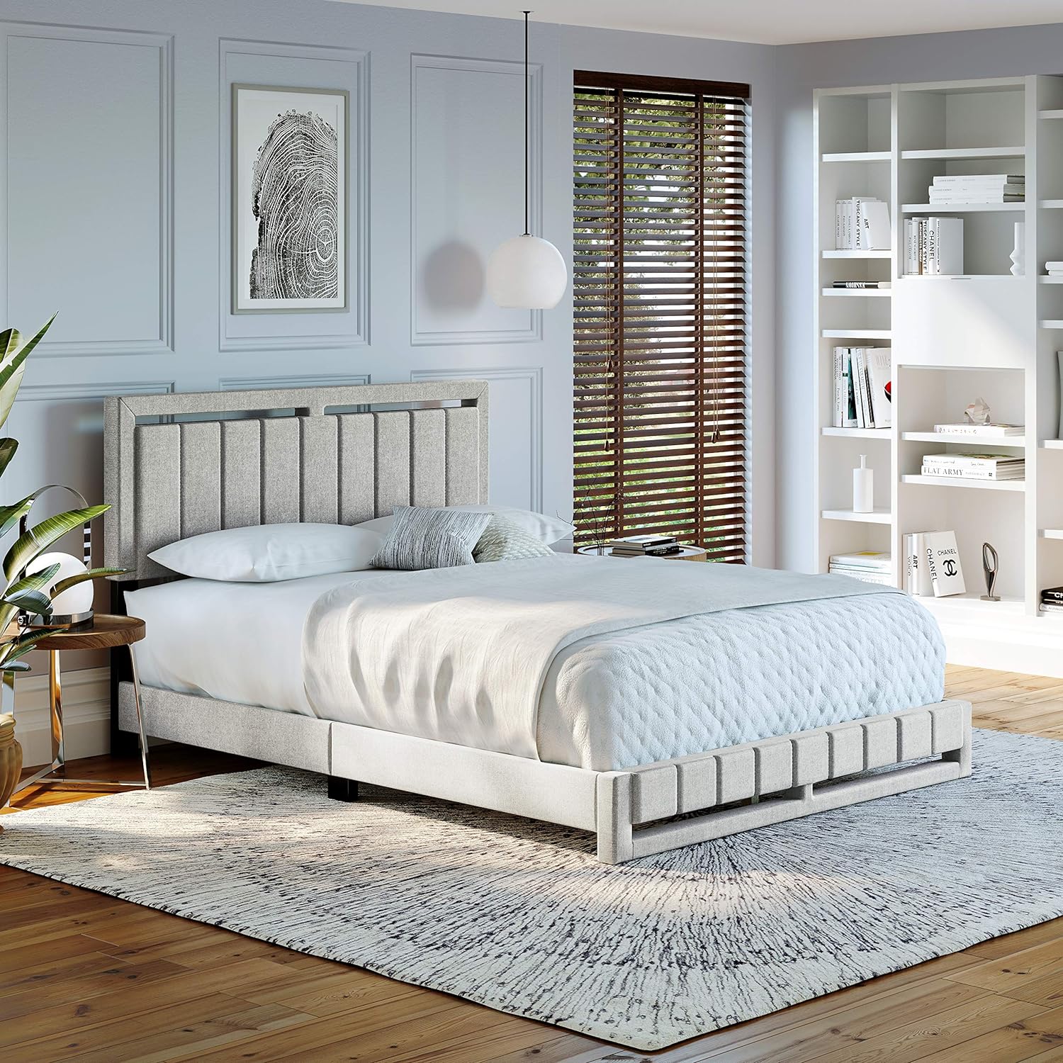 Beaumont Upholstered Platform Bed With Headboard, Mattress Foundation With Strong 14 Wood Slat Supports, No Box Spring Required, White Linen, Size Queen