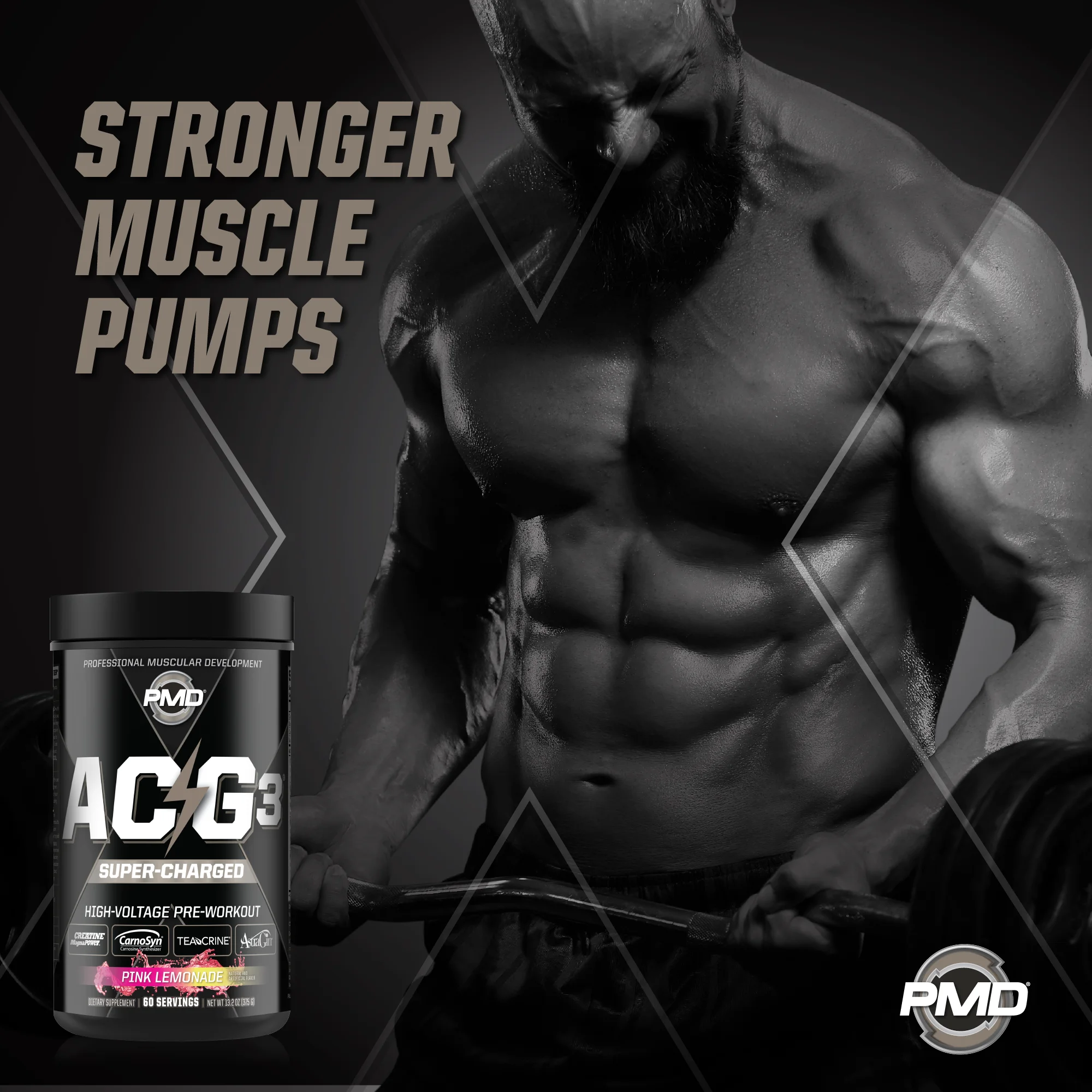 PMD Sports ACG SUPERCHARGED Full Featured, High Energy, Concentrated Pre-Workout Drink Mix - Pink Lemonade/60 Servings