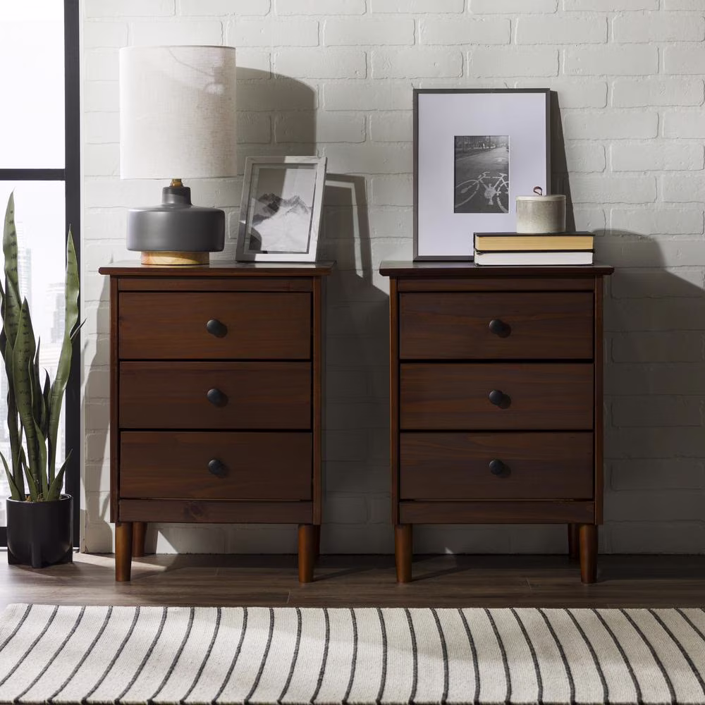 Walker Edison Mid-Century Solid Wood 3-Drawer Nightstand in Walnut (Set of 2)