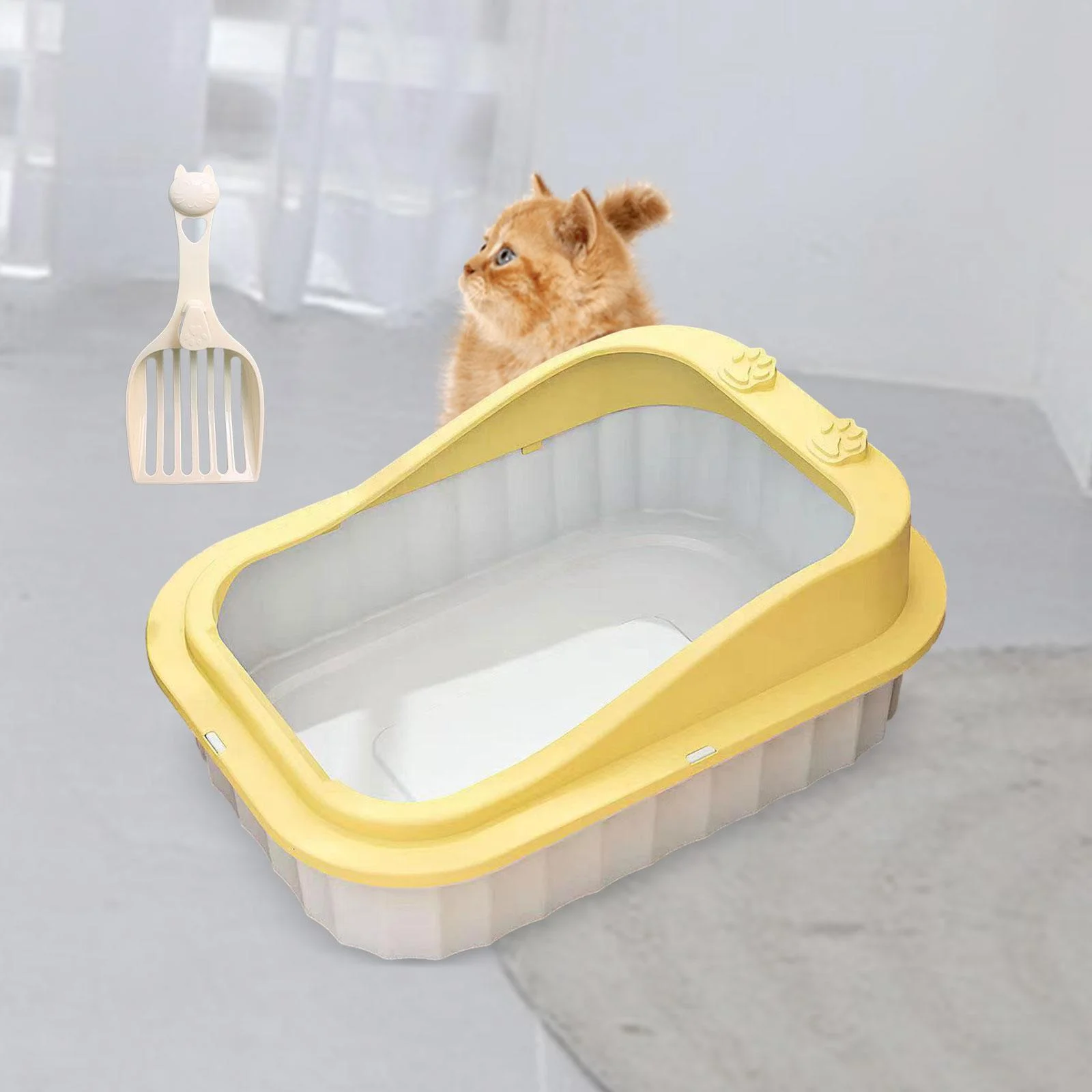 Toysmith Cat Kitty Litter Pan Durable Cat Litter Basin Cat Sand Box Splashproof Cartoon Appearance 50x36x19cm Kitten Toilet yellow