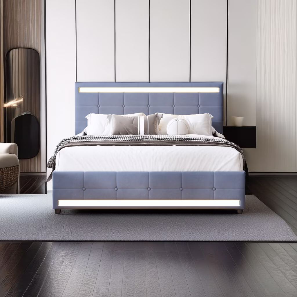 Full Size Upholstered Platform Bed with 4 Drawers and a Set of Type C and USB Ports, Velvet Upholstered Bed Frame with LED Light Headboard and Footboard, Adjustable Headboard